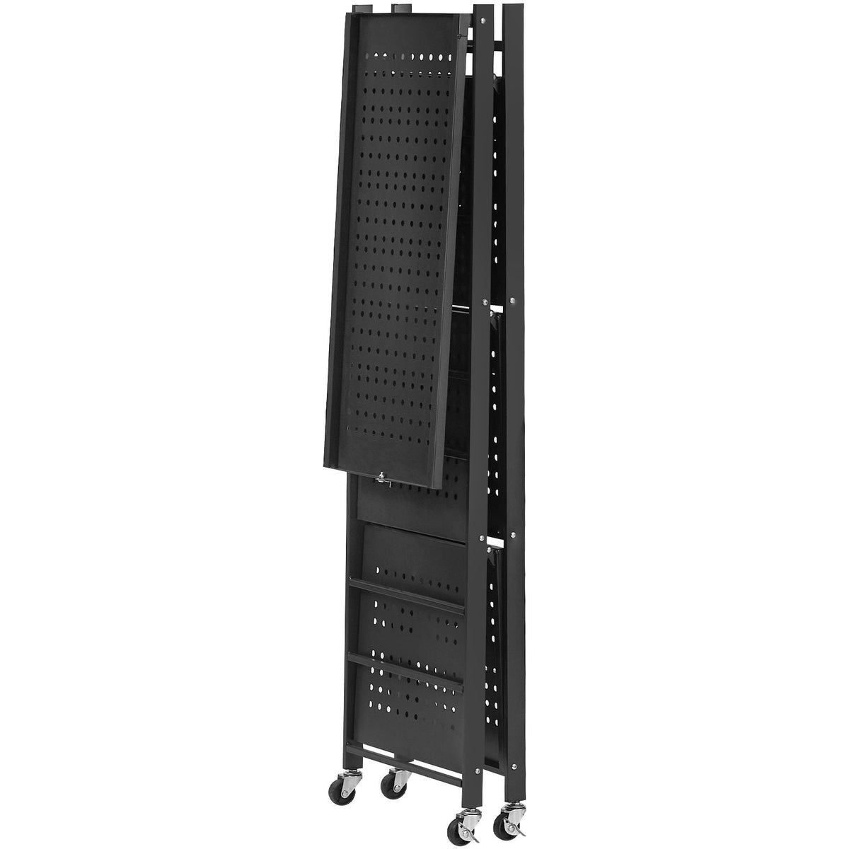 4-Tier Foldable Storage Shelf, 26W x 13D x 46H Inch Folding Metal Rack Shelving Unit, No Assembly Organizer Shelf with 5 Wheels & 4 Hooks for Pantry, Kitchen, Garage, Basement, Black