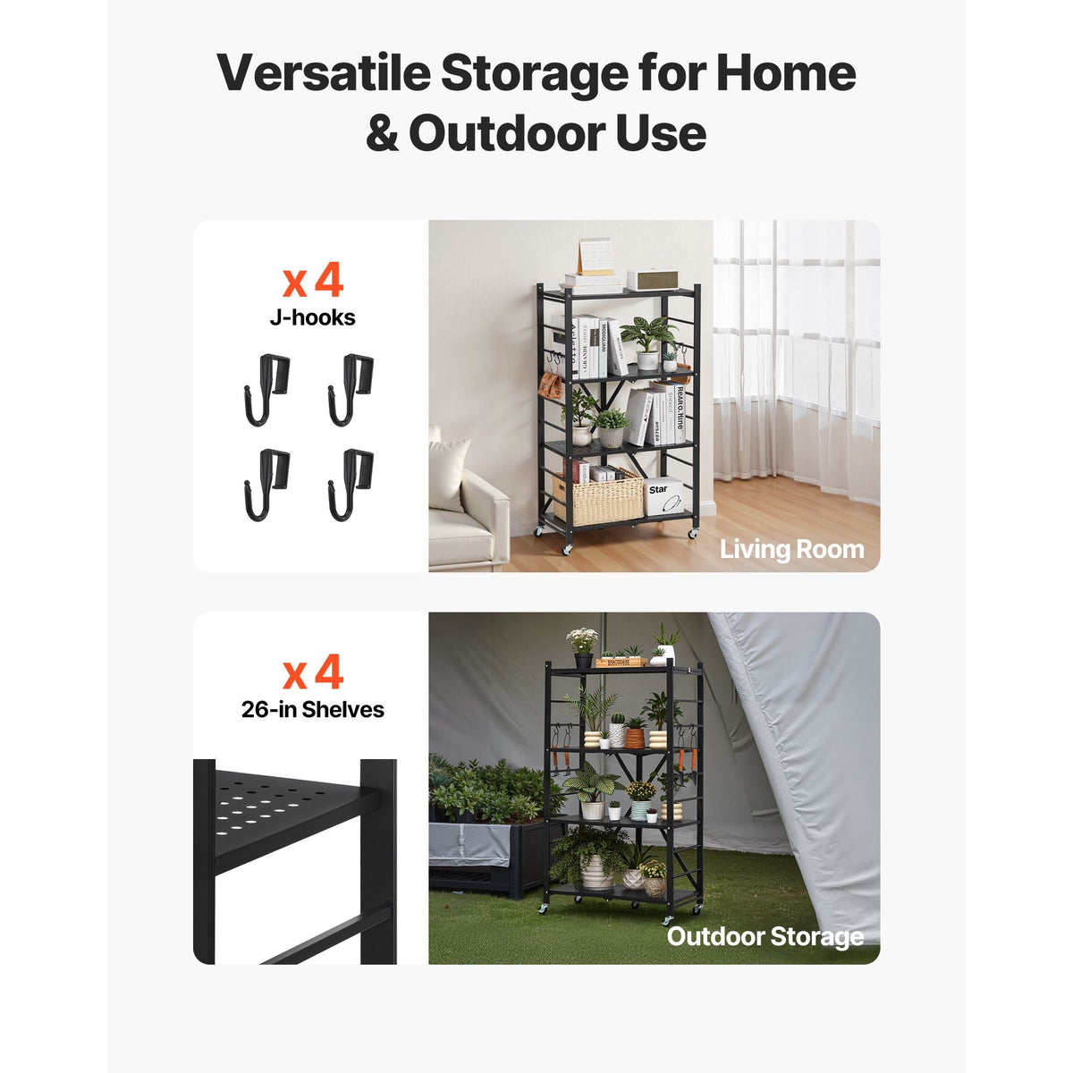 4-Tier Foldable Storage Shelf, 26W x 13D x 46H Inch Folding Metal Rack Shelving Unit, No Assembly Organizer Shelf with 5 Wheels & 4 Hooks for Pantry, Kitchen, Garage, Basement, Black