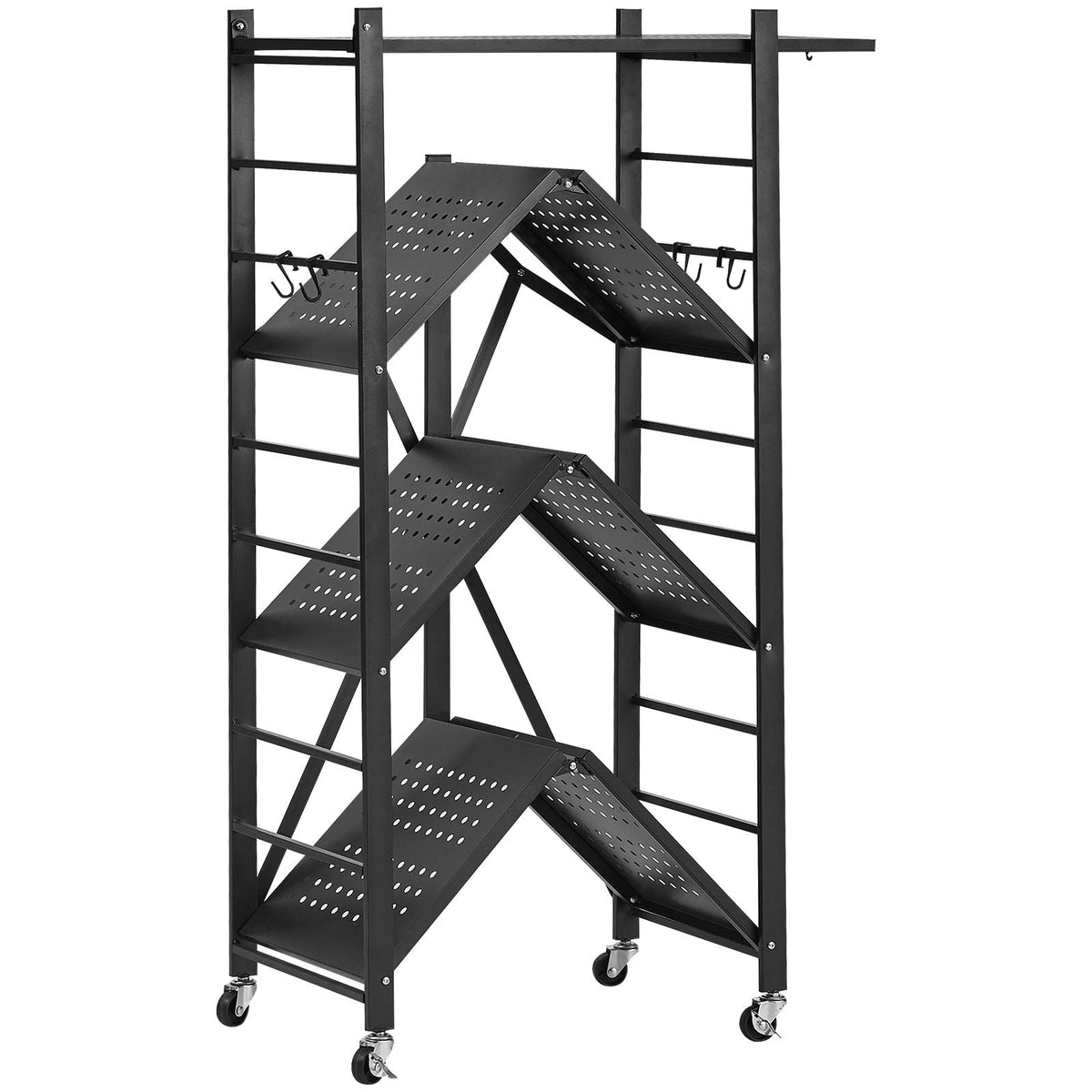 4-Tier Foldable Storage Shelf, 26W x 13D x 46H Inch Folding Metal Rack Shelving Unit, No Assembly Organizer Shelf with 5 Wheels & 4 Hooks for Pantry, Kitchen, Garage, Basement, Black