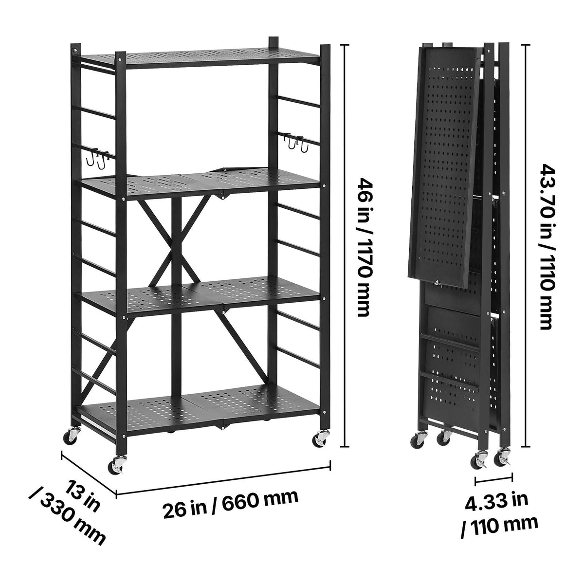 4-Tier Foldable Storage Shelf, 26W x 13D x 46H Inch Folding Metal Rack Shelving Unit, No Assembly Organizer Shelf with 5 Wheels & 4 Hooks for Pantry, Kitchen, Garage, Basement, Black