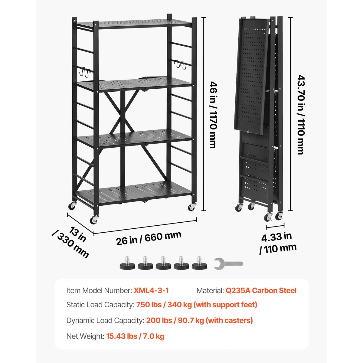 4-Tier Foldable Storage Shelf, 26W x 13D x 46H Inch Folding Metal Rack Shelving Unit, No Assembly Organizer Shelf with 5 Wheels & 4 Hooks for Pantry, Kitchen, Garage, Basement, Black