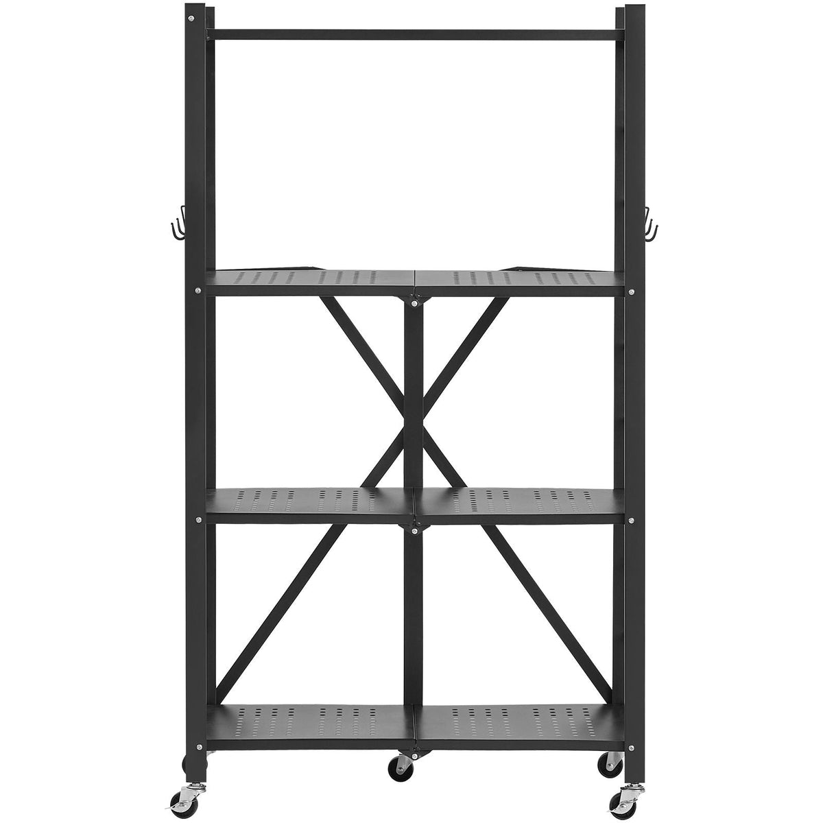 4-Tier Foldable Storage Shelf, 26W x 13D x 46H Inch Folding Metal Rack Shelving Unit, No Assembly Organizer Shelf with 5 Wheels & 4 Hooks for Pantry, Kitchen, Garage, Basement, Black