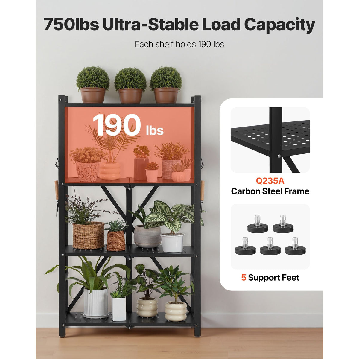 4-Tier Foldable Storage Shelf, 26W x 13D x 46H Inch Folding Metal Rack Shelving Unit, No Assembly Organizer Shelf with 5 Wheels & 4 Hooks for Pantry, Kitchen, Garage, Basement, Black