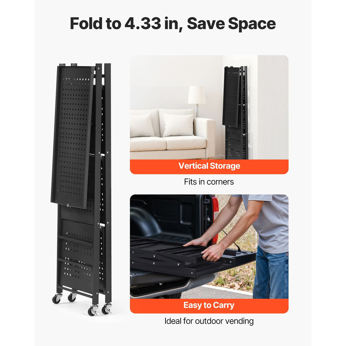 4-Tier Foldable Storage Shelf, 26W x 13D x 46H Inch Folding Metal Rack Shelving Unit, No Assembly Organizer Shelf with 5 Wheels & 4 Hooks for Pantry, Kitchen, Garage, Basement, Black