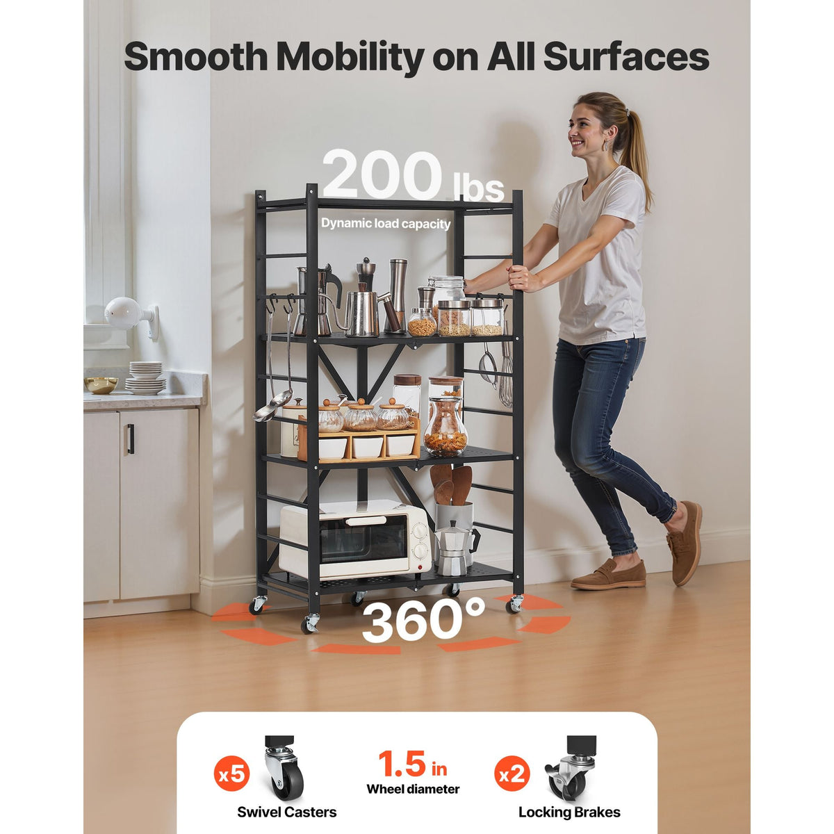 4-Tier Foldable Storage Shelf, 26W x 13D x 46H Inch Folding Metal Rack Shelving Unit, No Assembly Organizer Shelf with 5 Wheels & 4 Hooks for Pantry, Kitchen, Garage, Basement, Black