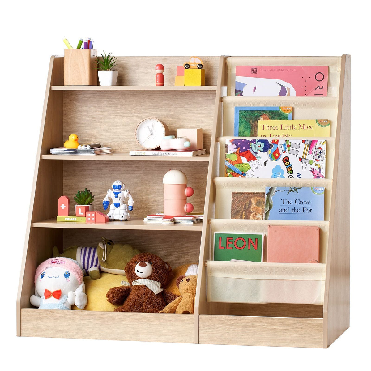 4-Tier Kids Wooden Bookshelf, Six-Layer Sling Bookcase, Baby Storage Book Rack, Book Toy Organizer Cabinet, for Kids Room, Playroom, Kindergarten, Nursery