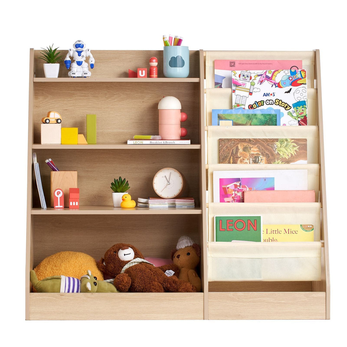 4-Tier Kids Wooden Bookshelf, Six-Layer Sling Bookcase, Baby Storage Book Rack, Book Toy Organizer Cabinet, for Kids Room, Playroom, Kindergarten, Nursery