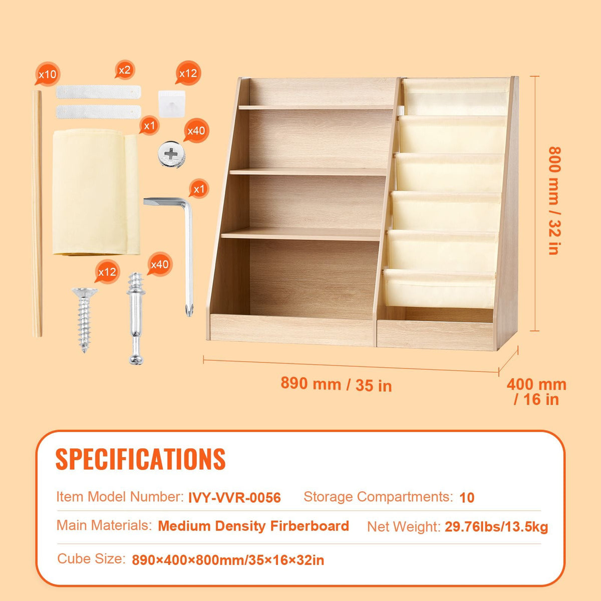 4-Tier Kids Wooden Bookshelf, Six-Layer Sling Bookcase, Baby Storage Book Rack, Book Toy Organizer Cabinet, for Kids Room, Playroom, Kindergarten, Nursery
