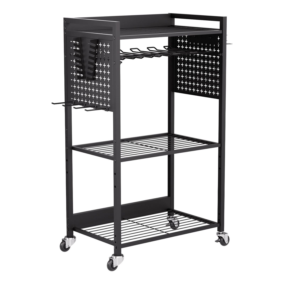 4-tier Tool Organizer Cart, 150 lbs Load Capacity, Floor Stand Rolling Drill Holder and Stability Storage Rack, Heavy Duty Garage Floor Rolling Storage Cart for Workshop, Garage, Black