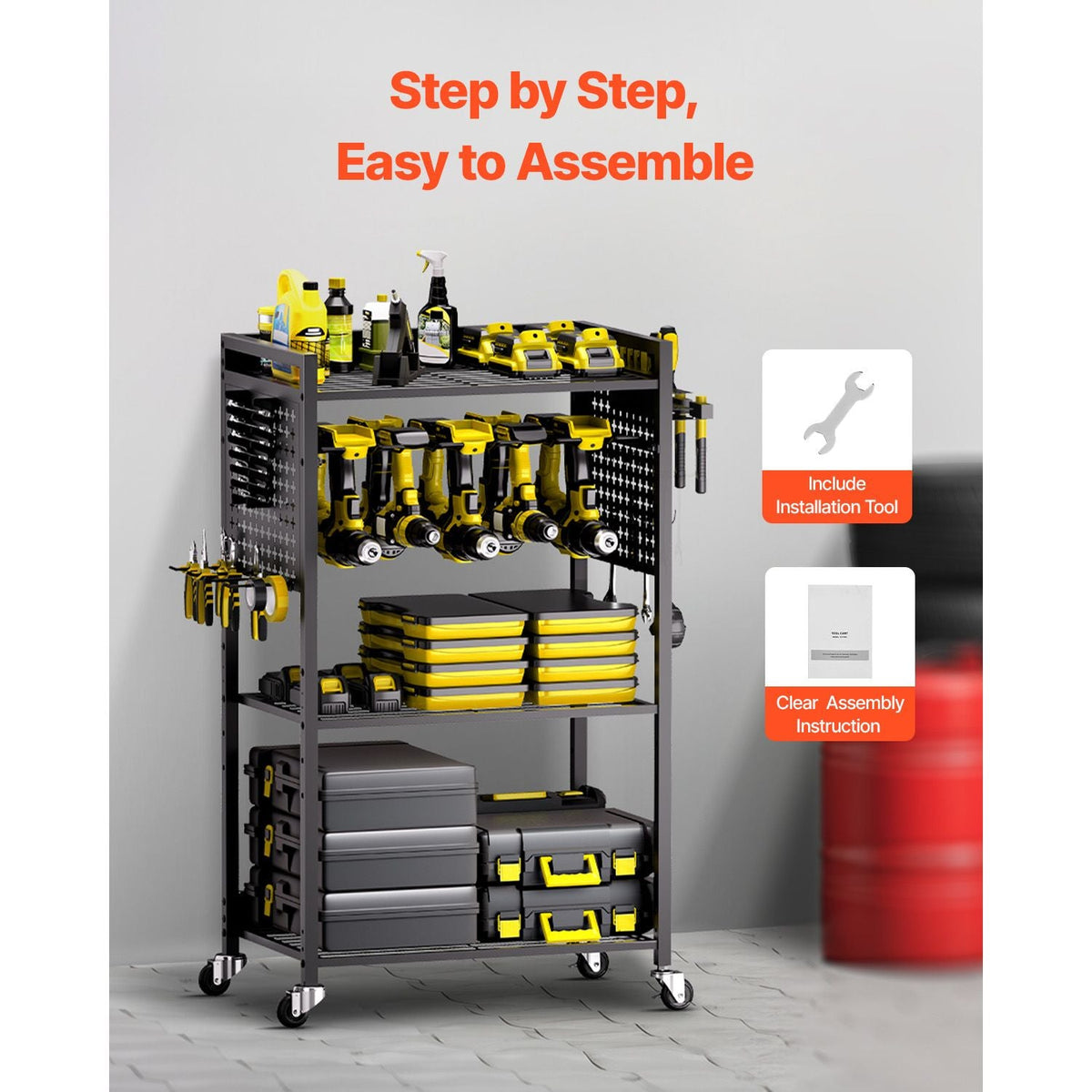 4-tier Tool Organizer Cart, 150 lbs Load Capacity, Floor Stand Rolling Drill Holder and Stability Storage Rack, Heavy Duty Garage Floor Rolling Storage Cart for Workshop, Garage, Black
