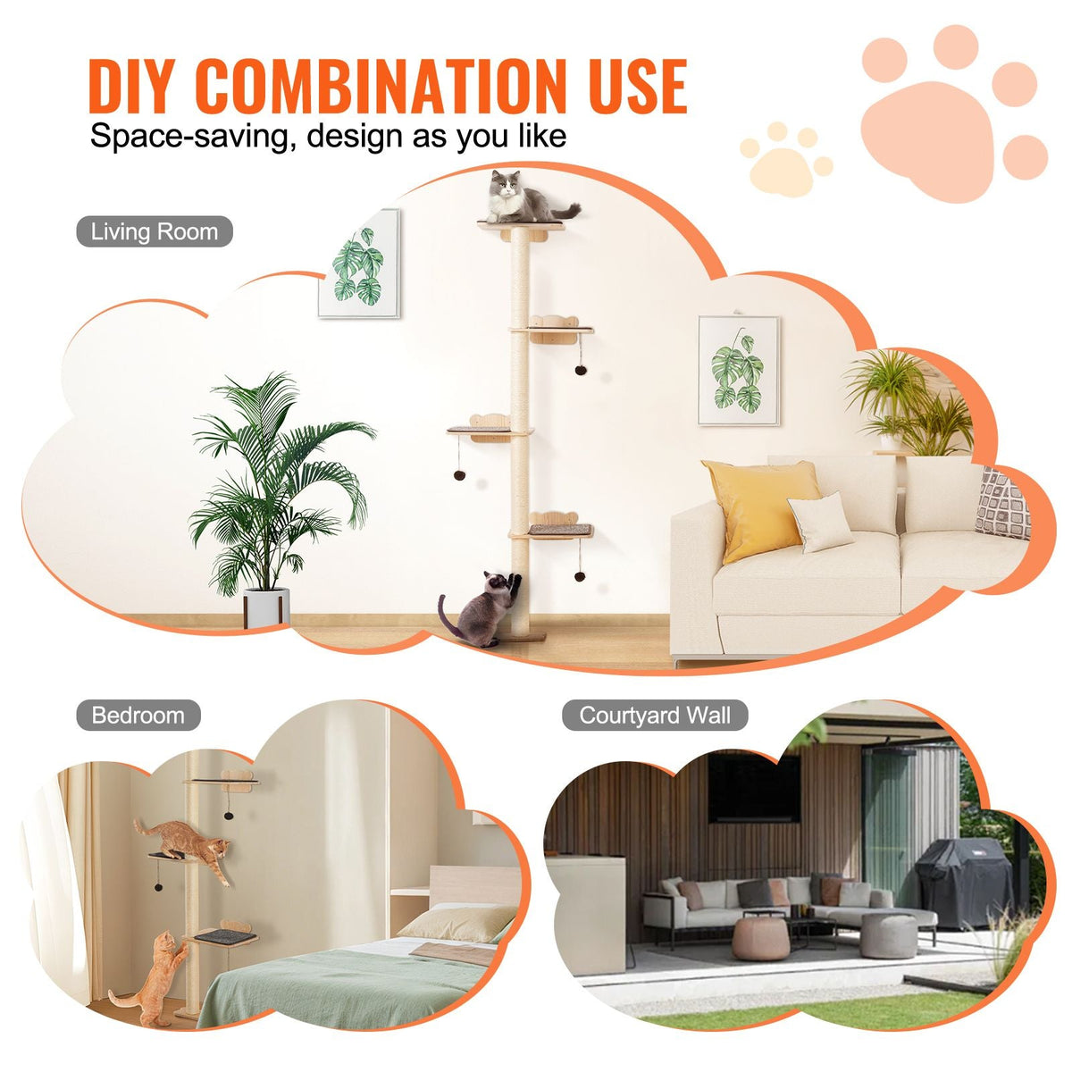 4 Tiers Cat Tree, Cat Wall Furniture Set with 4 Jumping Boards, Wall-Mounted Cat Floating Shelf up to 40 lbs, 12 mm Pine Wood Cat Perch for Sleeping, Playing, and Climbing