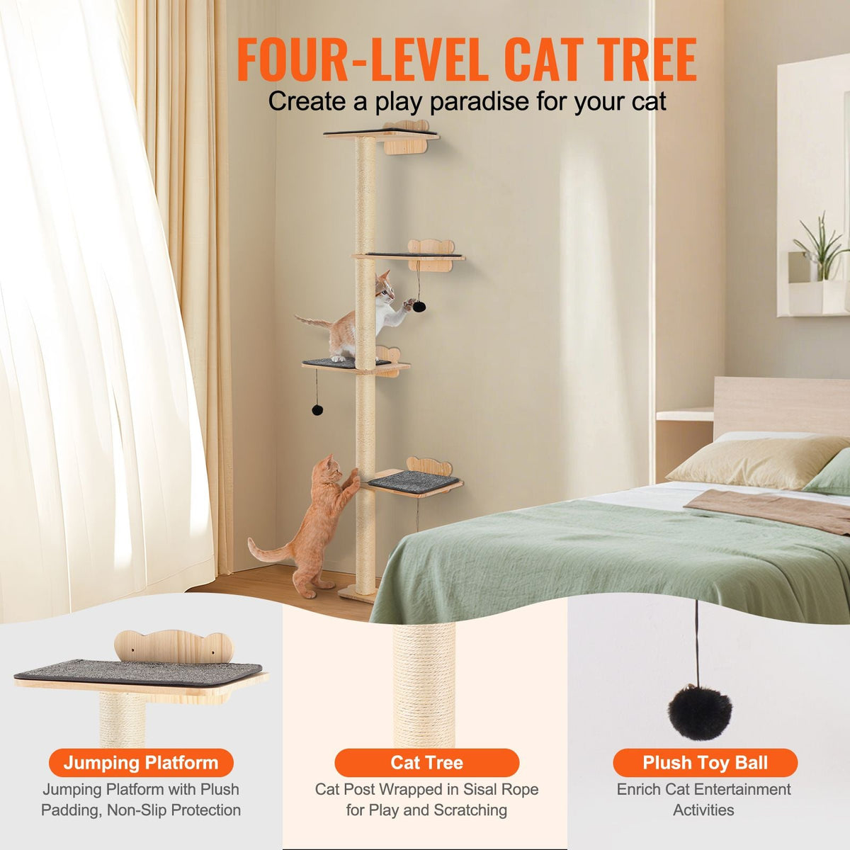 4 Tiers Cat Tree, Cat Wall Furniture Set with 4 Jumping Boards, Wall-Mounted Cat Floating Shelf up to 40 lbs, 12 mm Pine Wood Cat Perch for Sleeping, Playing, and Climbing