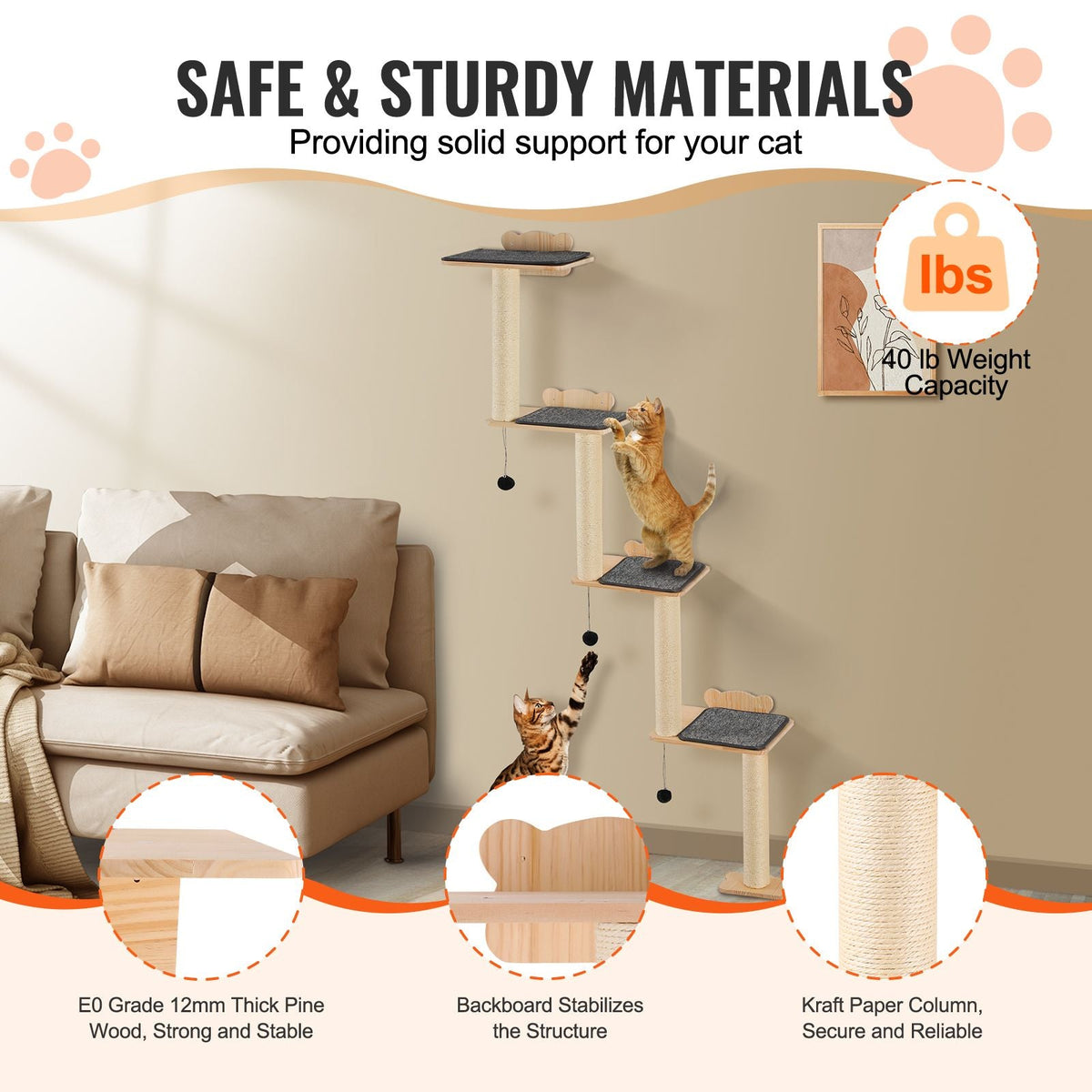 4 Tiers Cat Tree, Cat Wall Furniture Set with 4 Jumping Boards, Wall-Mounted Cat Floating Shelf up to 40 lbs, 12 mm Pine Wood Cat Perch for Sleeping, Playing, and Climbing
