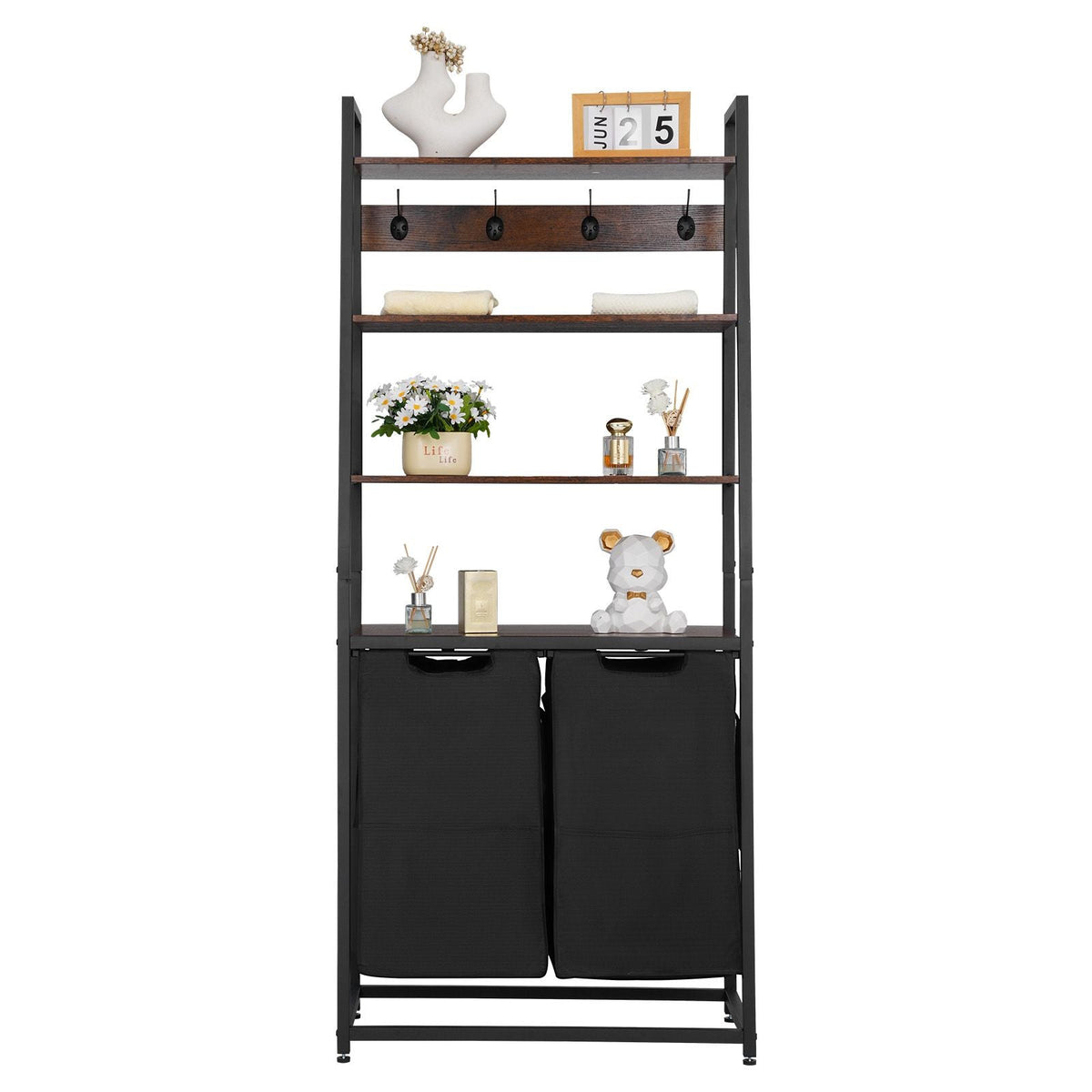 4 Tiers Laundry Sorter, Tall Laundry Hamper with Shelves and Hooks, 2 Section Freestanding Basket Organizer Storage with 600D Oxford Cloth Bags and Ladder Shelves for Dirty Clothes, Bathroom