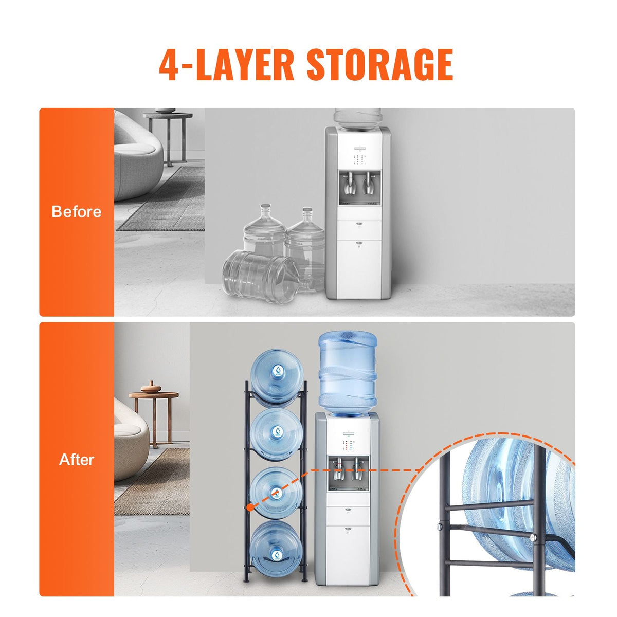 4 Tiers Water Jug Holder, 5 Gallon Water Bottle Holder, Single Row Water Bottle Rack for 4 Bottles, Heavy Duty Water Jug Rack for Kitchen, Office, Living Room, Black