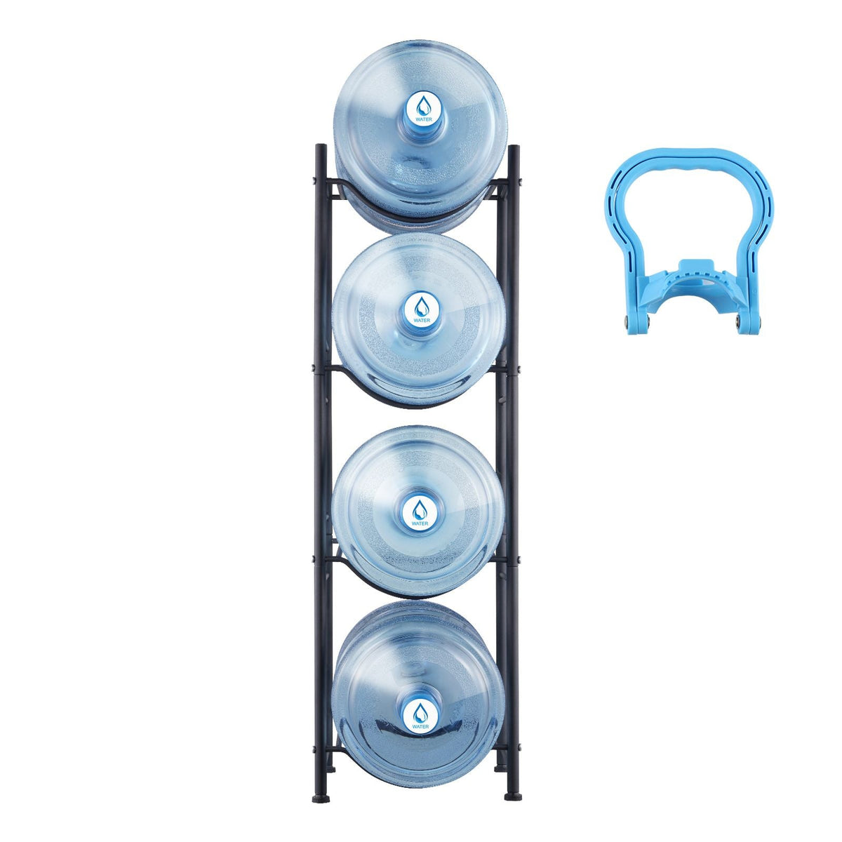 4 Tiers Water Jug Holder, 5 Gallon Water Bottle Holder, Single Row Water Bottle Rack for 4 Bottles, Heavy Duty Water Jug Rack for Kitchen, Office, Living Room, Black