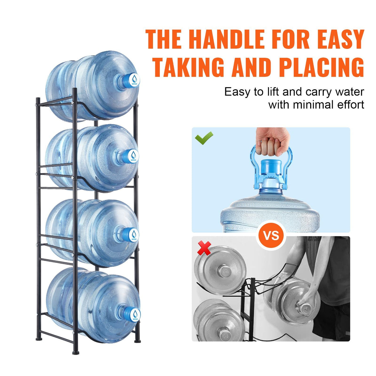 4 Tiers Water Jug Holder, 5 Gallon Water Bottle Holder, Single Row Water Bottle Rack for 4 Bottles, Heavy Duty Water Jug Rack for Kitchen, Office, Living Room, Black