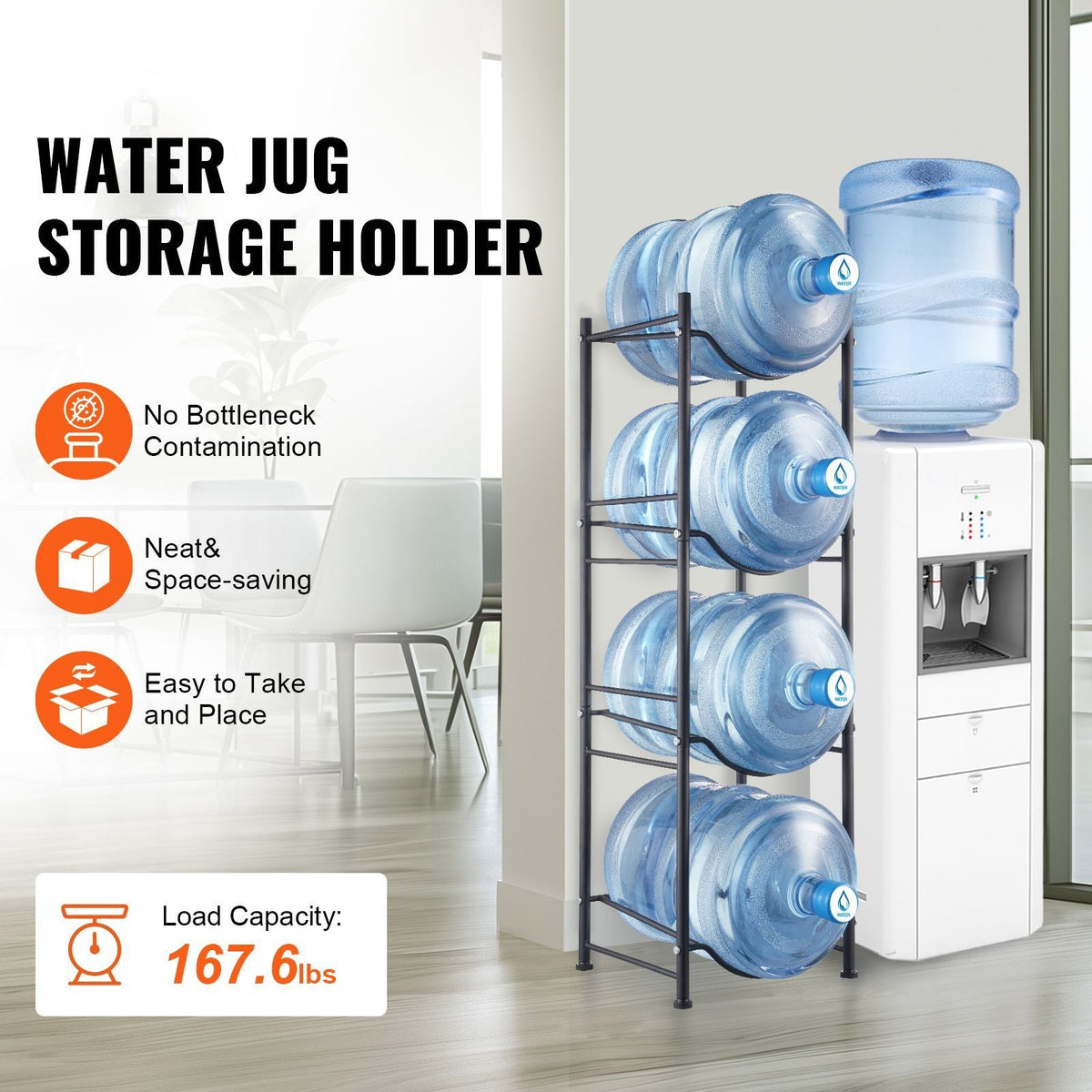4 Tiers Water Jug Holder, 5 Gallon Water Bottle Holder, Single Row Water Bottle Rack for 4 Bottles, Heavy Duty Water Jug Rack for Kitchen, Office, Living Room, Black