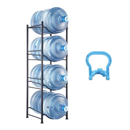 4 Tiers Water Jug Holder, 5 Gallon Water Bottle Holder, Single Row Water Bottle Rack for 4 Bottles, Heavy Duty Water Jug Rack for Kitchen, Office, Living Room, Black