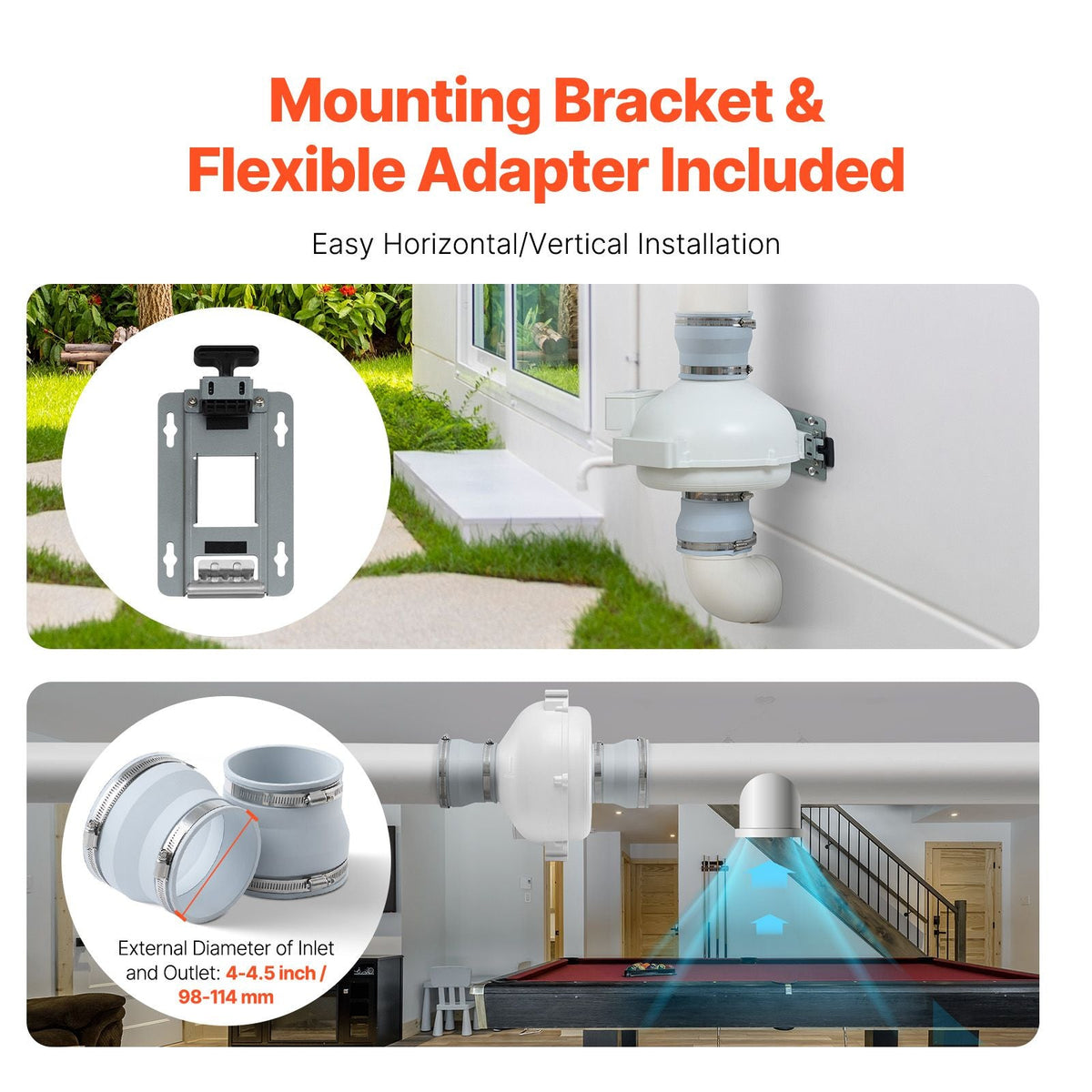 4 to 4.5 inch Radon Fan Installation Kit, Quiet 190CFM Radon Mitigation Fan System Kit with 2 Couplers, Pressure Indicator, Waterproof Inline Duct Fan Exhaust Fan for Indoor Outdoor Ventilation