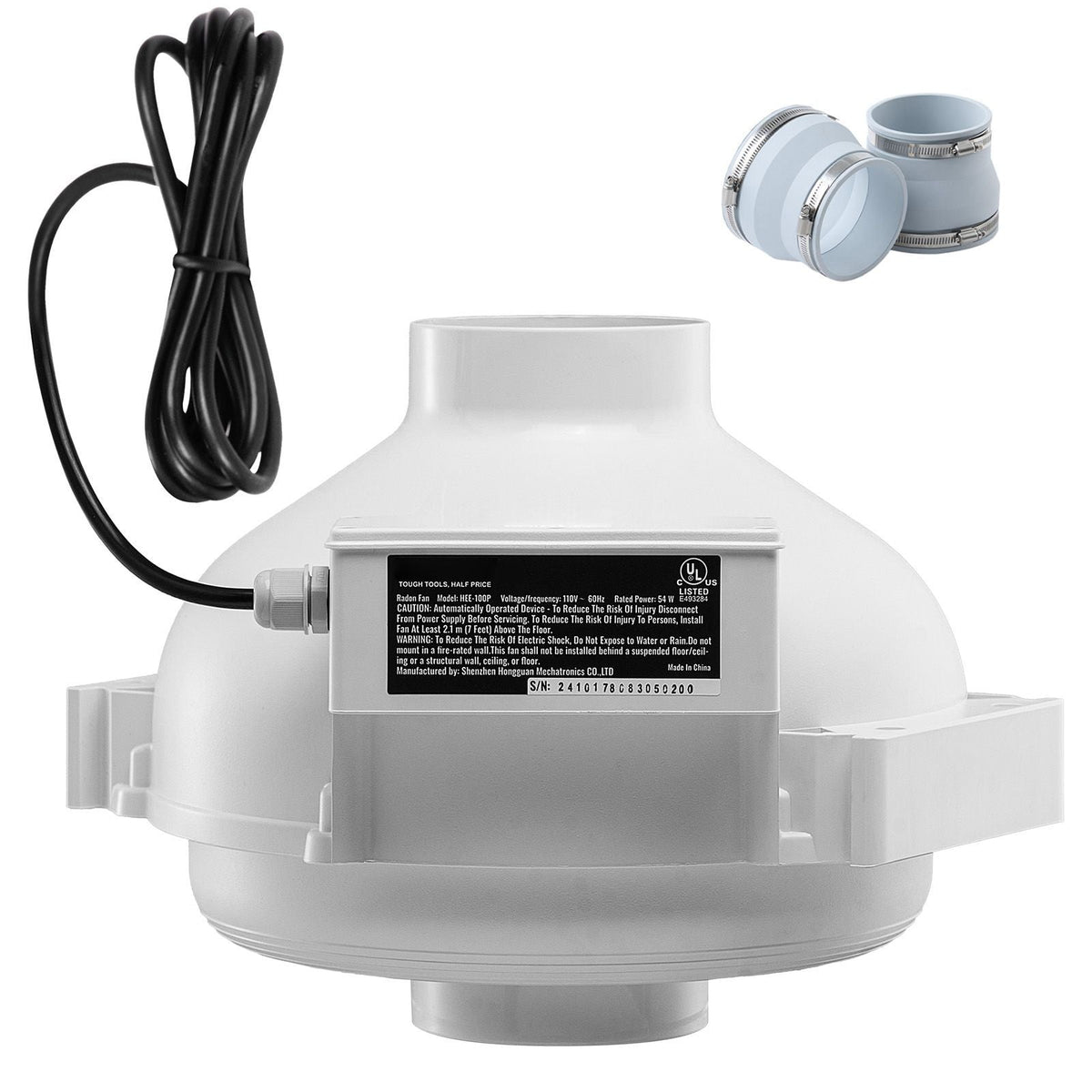 4 to 4.5 inch Radon Mitigation Fan System, Quiet 260 CFM Radon Mitigation Kit with 2 Couplers, Waterproof Radon Fan Electric Inline Duct Fan Exhaust Fan for Indoor Outdoor Ventilation