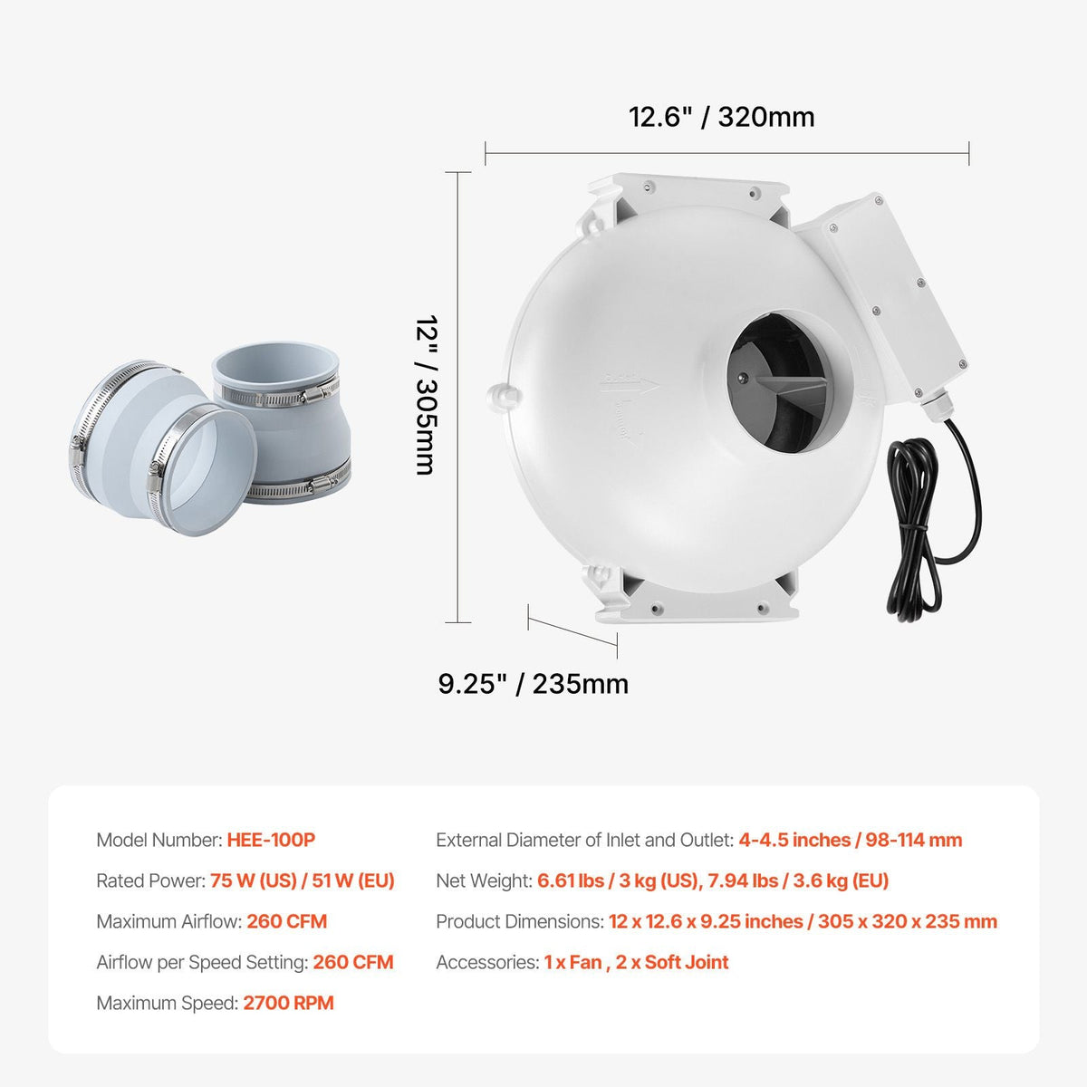 4 to 4.5 inch Radon Mitigation Fan System, Quiet 260 CFM Radon Mitigation Kit with 2 Couplers, Waterproof Radon Fan Electric Inline Duct Fan Exhaust Fan for Indoor Outdoor Ventilation