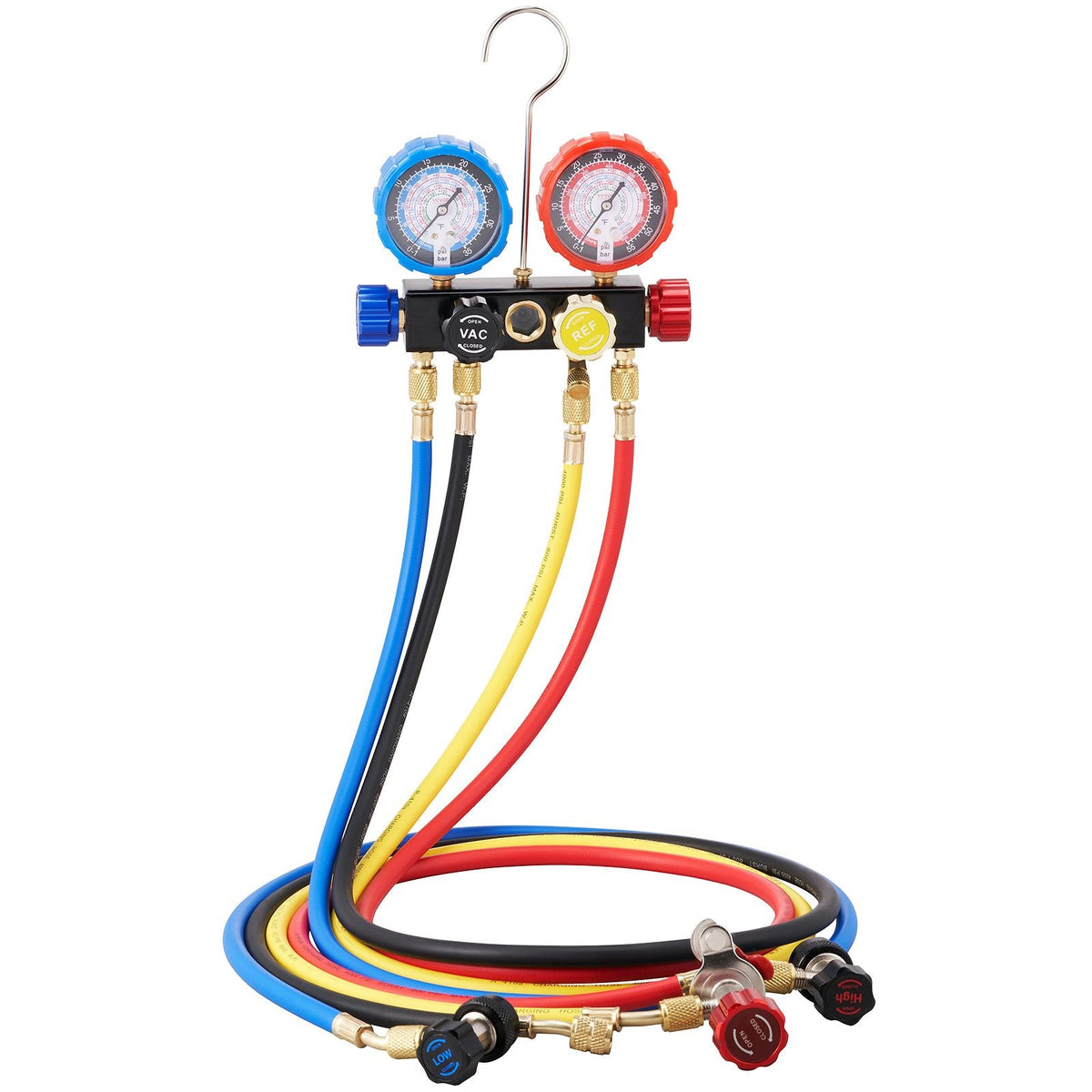 4 Way AC Gauge - AC Manifold Gauge Set for R134A R22 R12 R410A Refrigerant, Freon Gauges with 5ft Hoses, Couplers, Can Tap Works on Car Auto Freon Charging and Evacuation