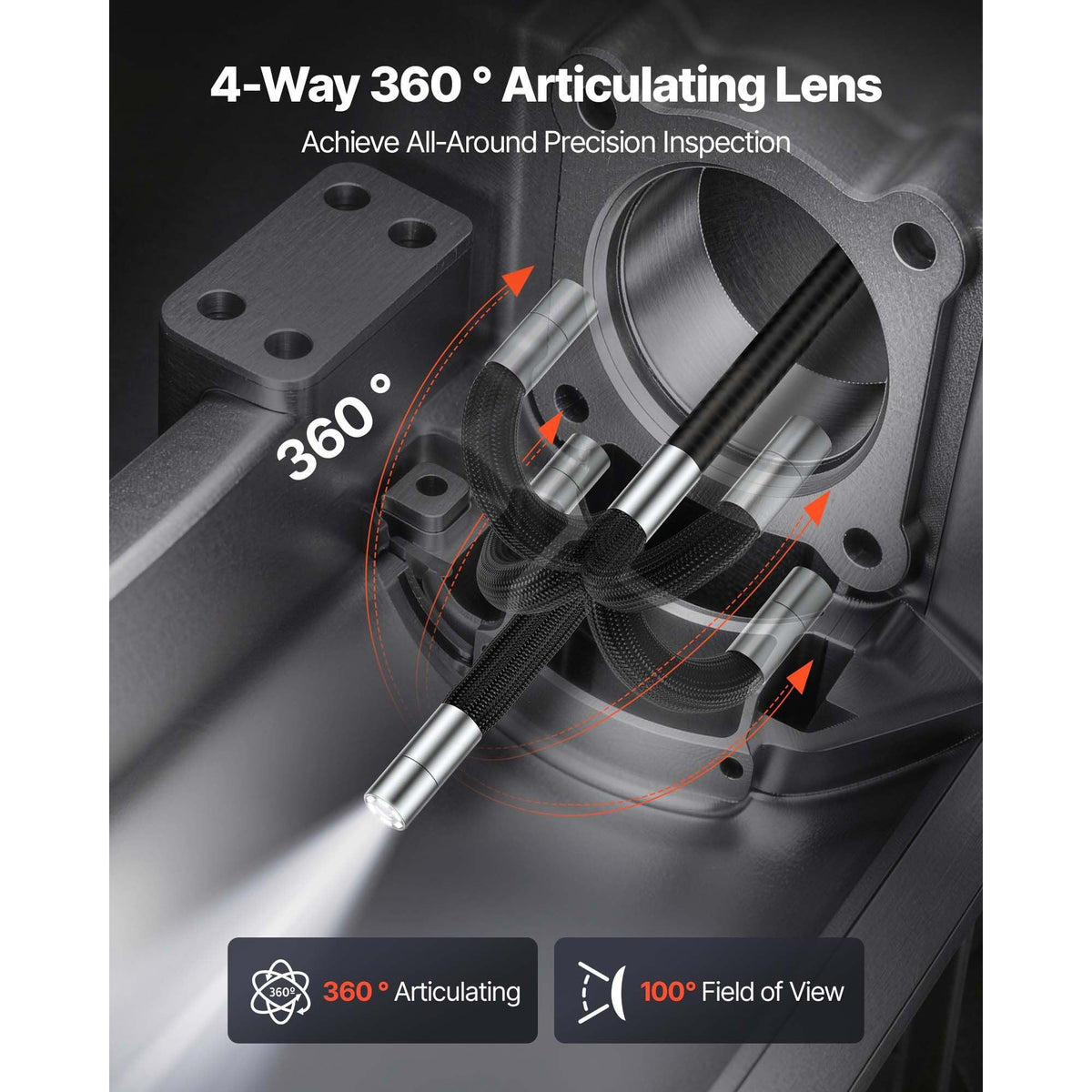 4-Way Articulating Endoscope with Light, True 1080P HD Industrial Borescope Inspection Camera with Articulated Probe, Flexible Snake Scope Cam for Wall Automotive Engine Inspect-4.9FT