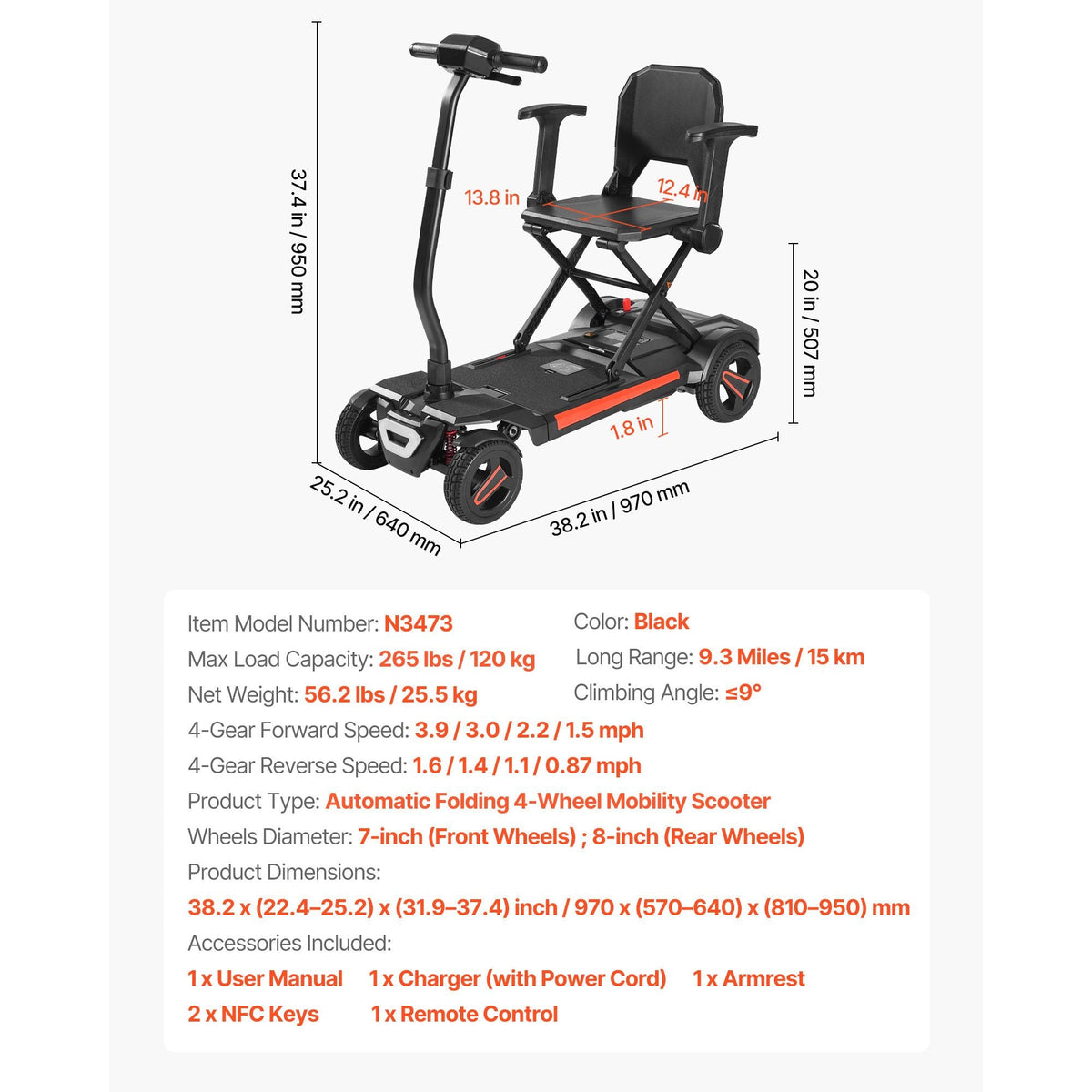 4-Wheel Electric Mobility Scooter for Adults & Seniors, Integrated Automatic Folding Mobility Scooter with Remote Control, NFC Keys & Long Range, 265LBS Loading All Terrain Travel Wheelchair