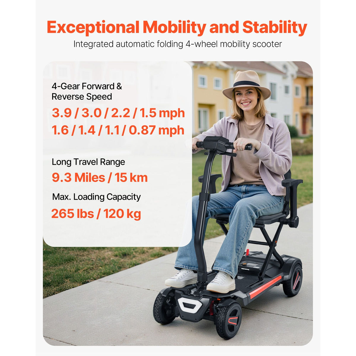 4-Wheel Electric Mobility Scooter for Adults & Seniors, Integrated Automatic Folding Mobility Scooter with Remote Control, NFC Keys & Long Range, 265LBS Loading All Terrain Travel Wheelchair
