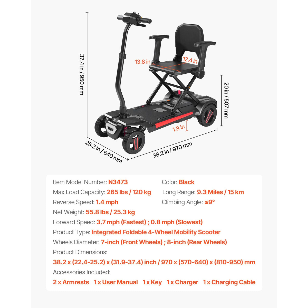 4-Wheel Electric Mobility Scooter for Adults & Seniors, Integrated Foldable Mobility Scooter with 9.3 Miles Long Range, All Terrain Travel Wheelchair with 9° Climbing Capacity & 265LBS Loading
