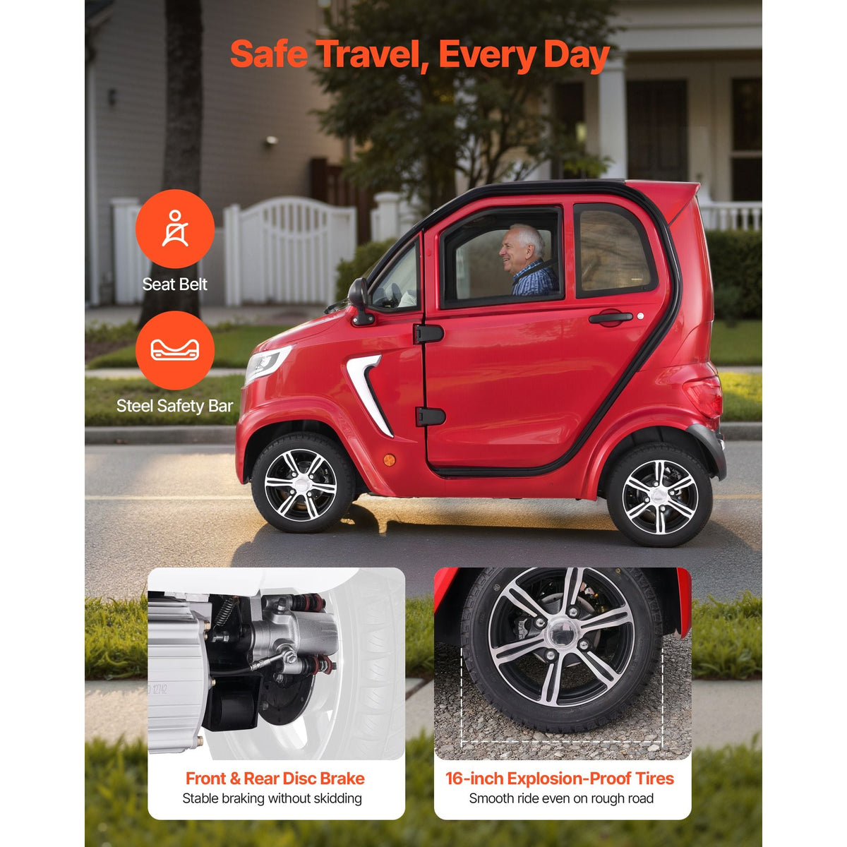 4-Wheel Enclosed Mobility Scooter for Seniors Adults, 660lbs Capacity, 3-Seater 2000W Electric Recreational Mobility Scooter 45 Miles Long Range, Remote Unlock, All-Terrain for Touring Shopping
