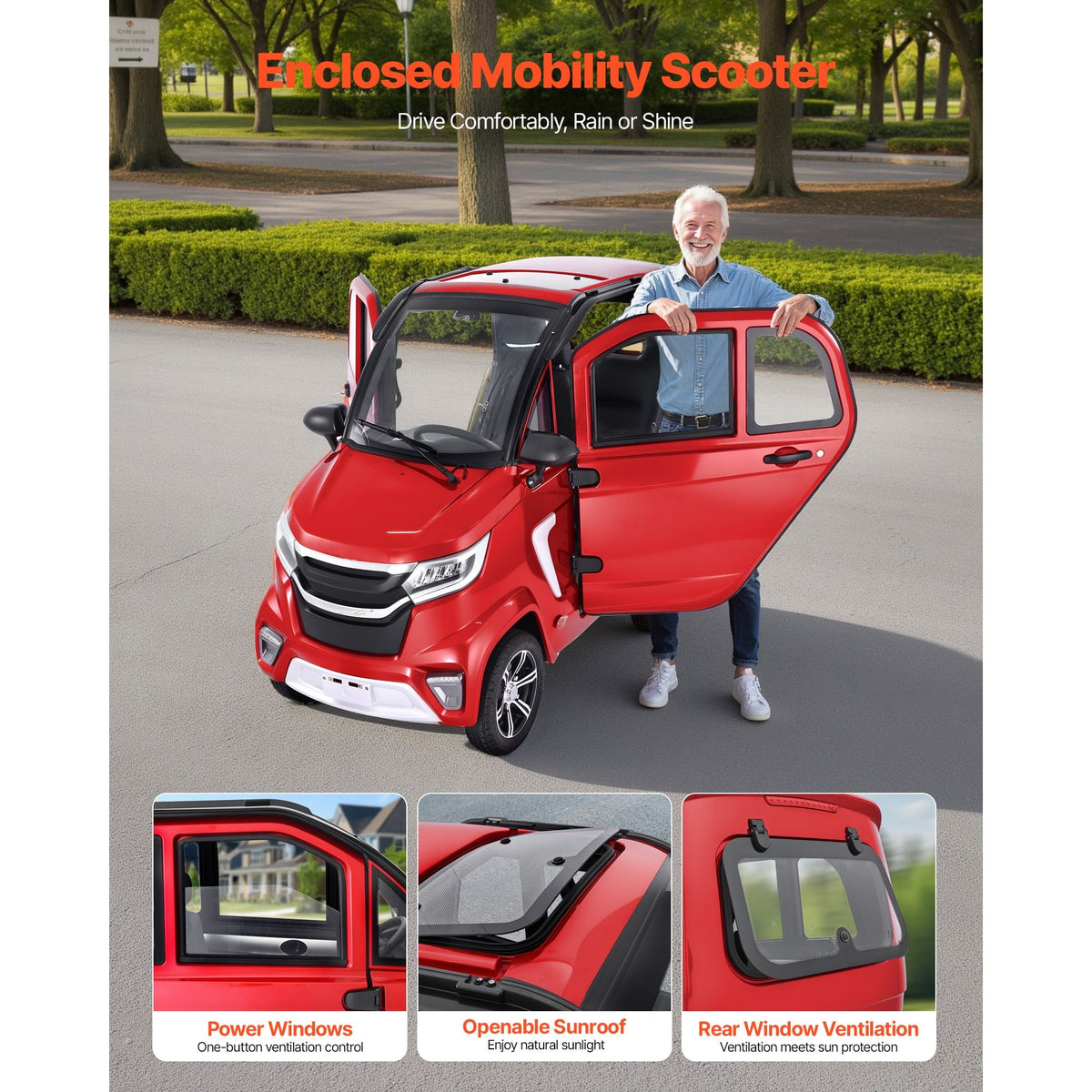 4-Wheel Enclosed Mobility Scooter for Seniors Adults, 660lbs Capacity, 3-Seater 2000W Electric Recreational Mobility Scooter 45 Miles Long Range, Remote Unlock, All-Terrain for Touring Shopping