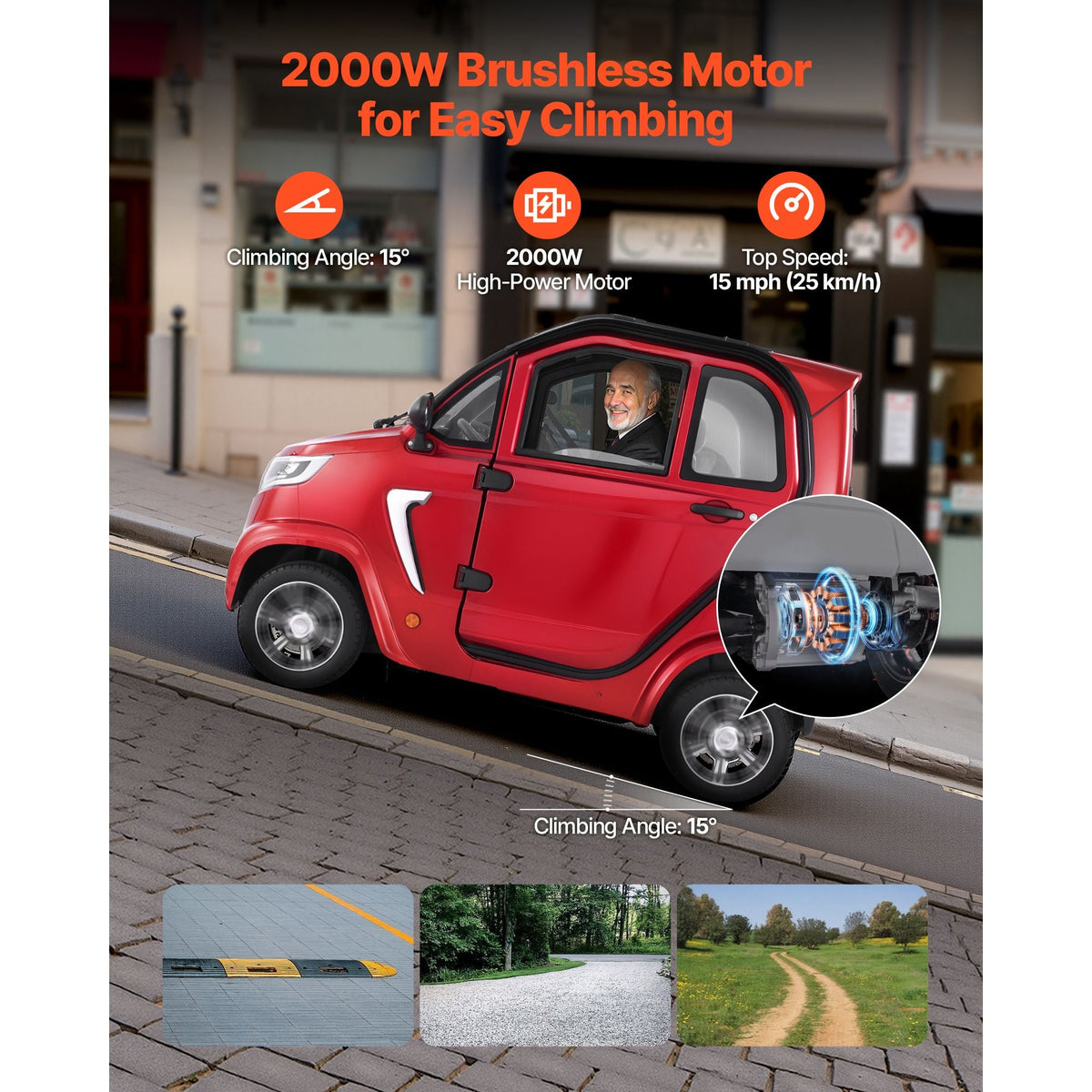 4-Wheel Enclosed Mobility Scooter for Seniors Adults, 660lbs Capacity, 3-Seater 2000W Electric Recreational Mobility Scooter 45 Miles Long Range, Remote Unlock, All-Terrain for Touring Shopping