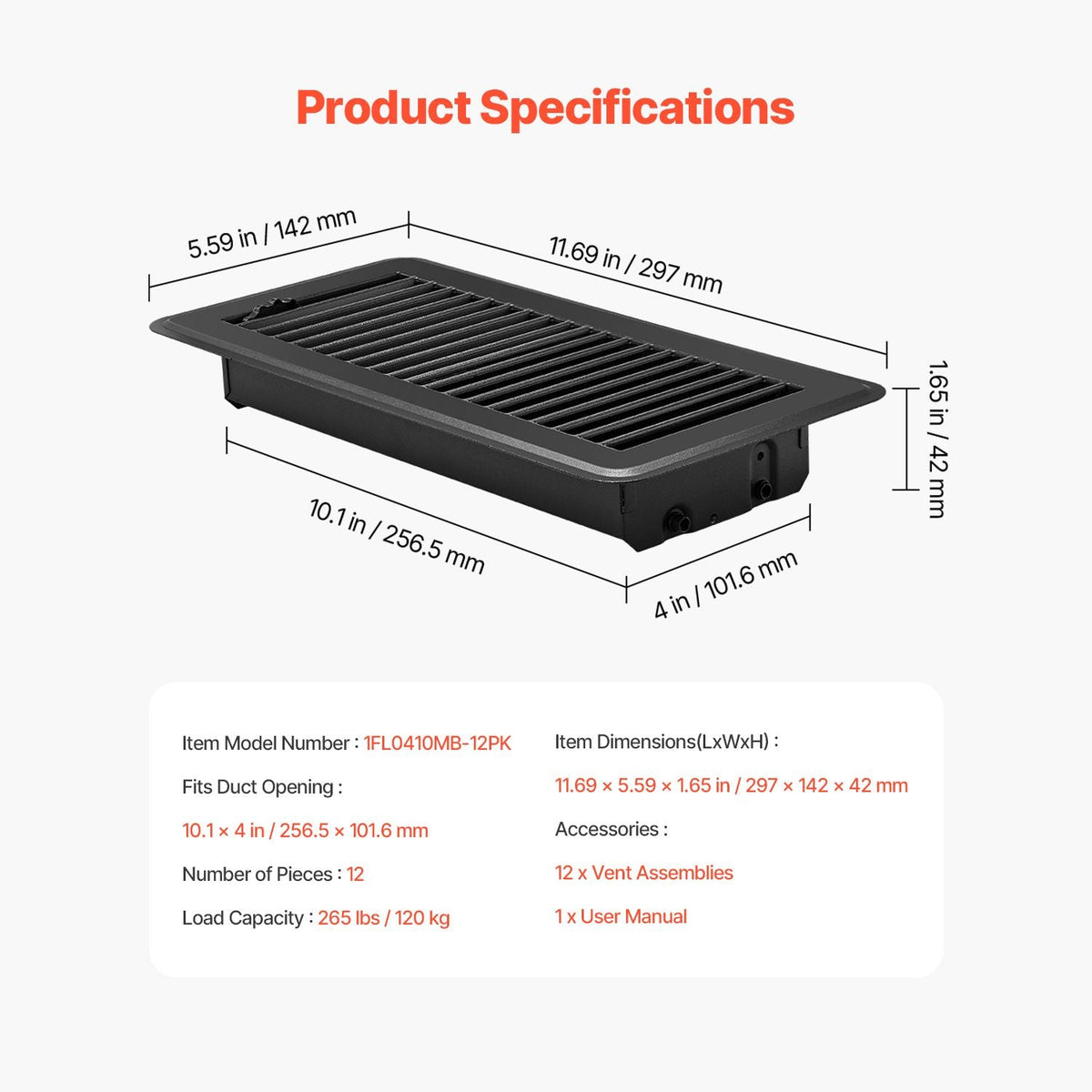 4 x 10 Inch Floor Registers, 12-Pack Vent Grilles, HAVC Heavy-Duty Walkable Iron Floor Vents, Easily Adjustable Rust-Proof Air Vents Deflector with Metal Damper, Ideal for Home & Office, Black