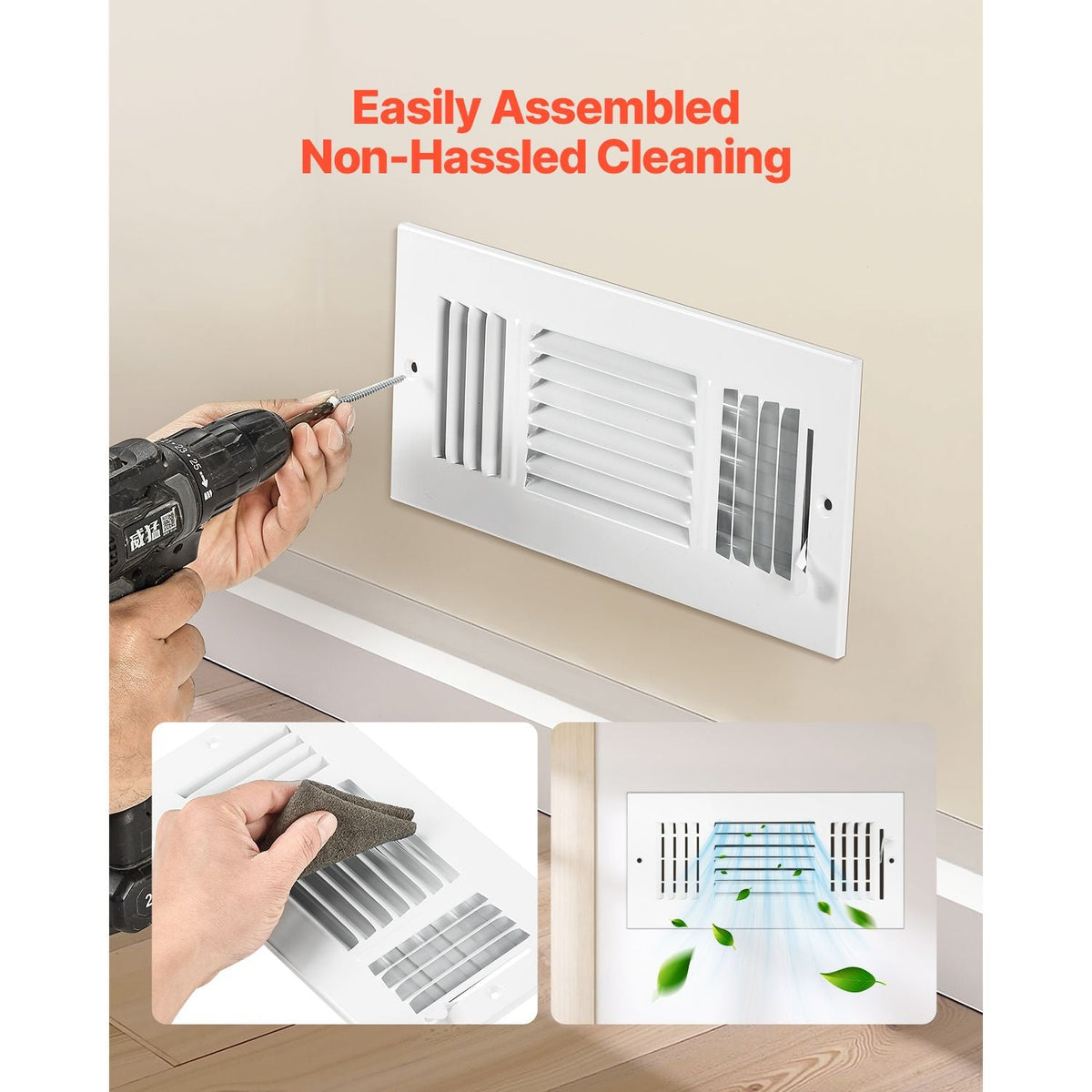 4 x 10 Inch Floor Registers, 6-Pack Floor Vents, HVAC 3-Direction Iron Vent Grilles for Home/Office Wall & Ceiling, Rustproof Anti-Peeling Air Vents Deflector Adjustable with Metal Damper, White