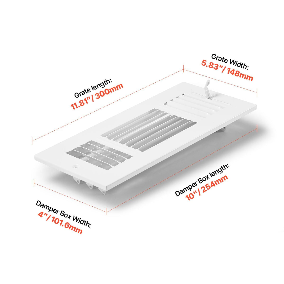 4 x 10 Inch Floor Registers, 6-Pack Floor Vents, HVAC 3-Direction Iron Vent Grilles for Home/Office Wall & Ceiling, Rustproof Anti-Peeling Air Vents Deflector Adjustable with Metal Damper, White