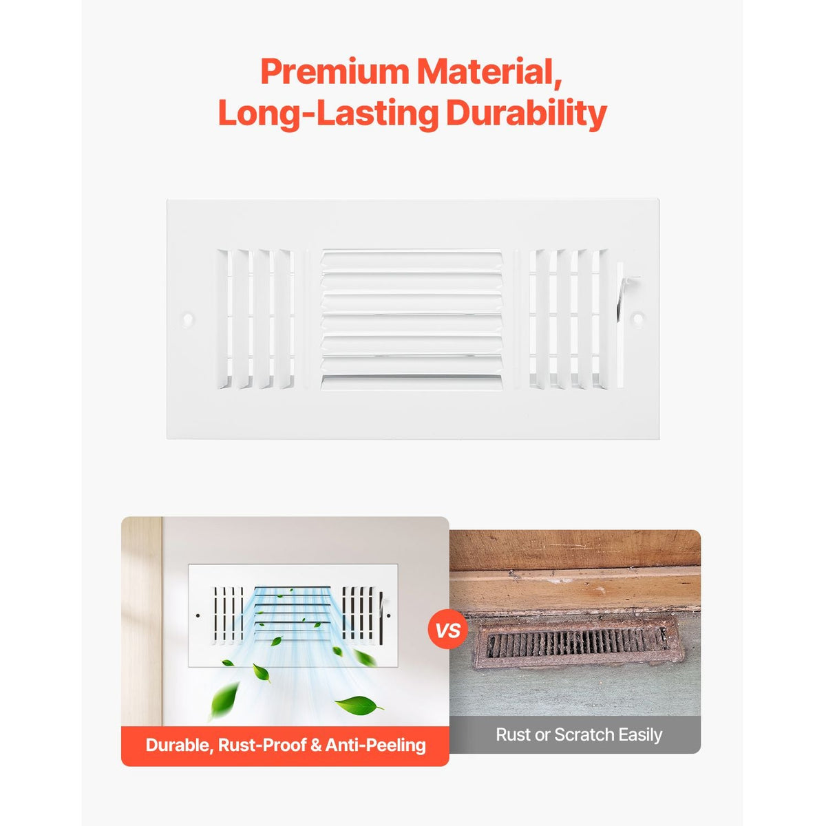 4 x 10 Inch Floor Registers, 6-Pack Floor Vents, HVAC 3-Direction Iron Vent Grilles for Home/Office Wall & Ceiling, Rustproof Anti-Peeling Air Vents Deflector Adjustable with Metal Damper, White