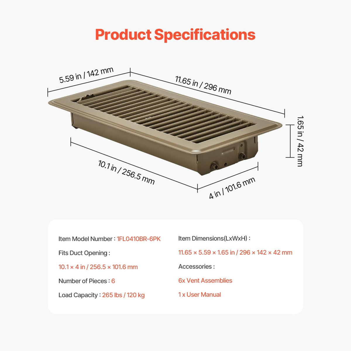 4 x 10 Inch Floor Registers, 6-Pack Vent Grilles, HVAC Heavy-Duty Walkable Iron Floor Vents, Easily Adjustable Rust-Proof Air Vents Deflector with Metal Damper, Ideal for Home & Office, Brown