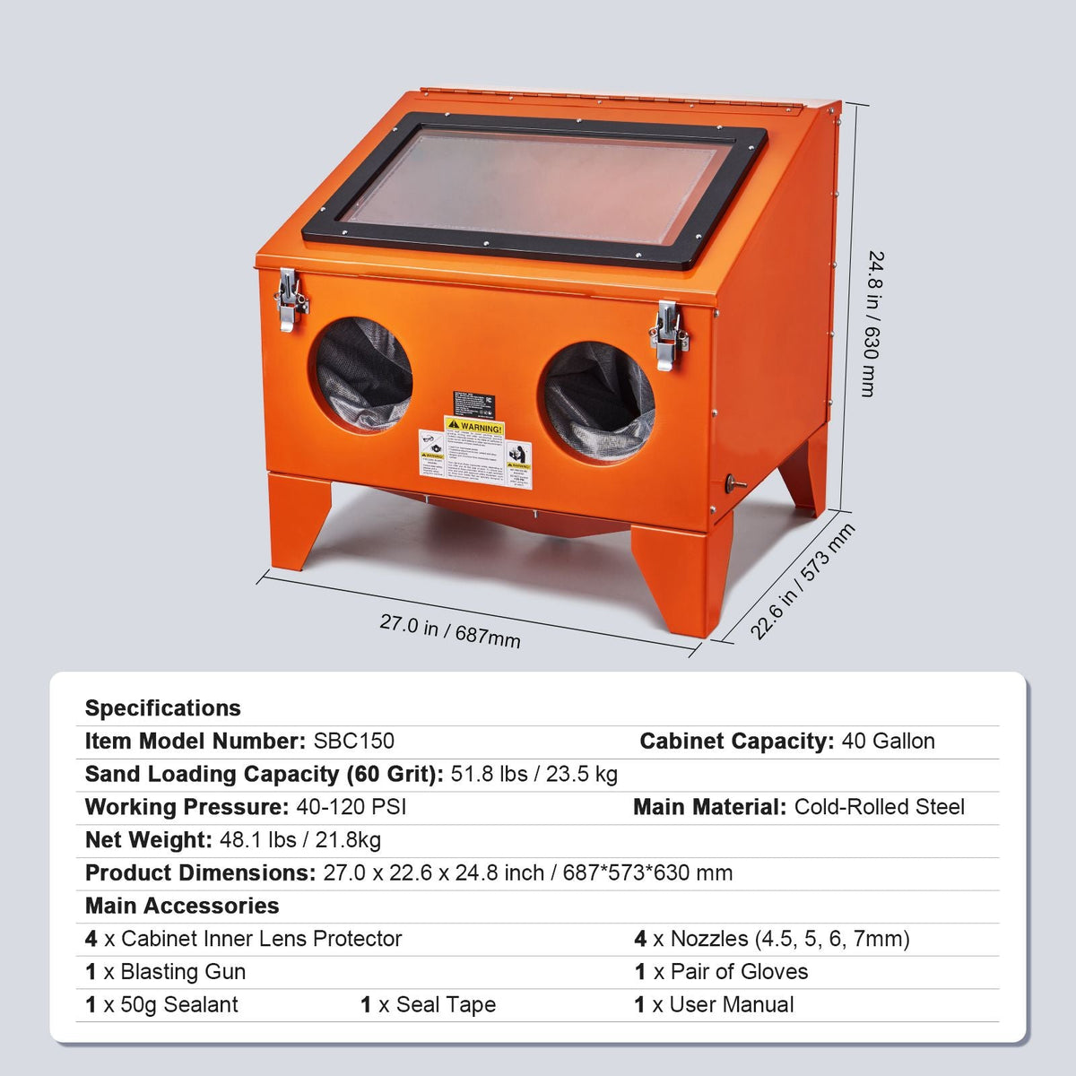 40 Gallon Sandblasting Cabinet, 40-120PSI Portable Benchtop Sand Blasting Cabinet, Heavy Duty Steel Sand Blaster with Blasting Gun & 4 Ceramic Nozzles for Paint, Stain, Rust Removal