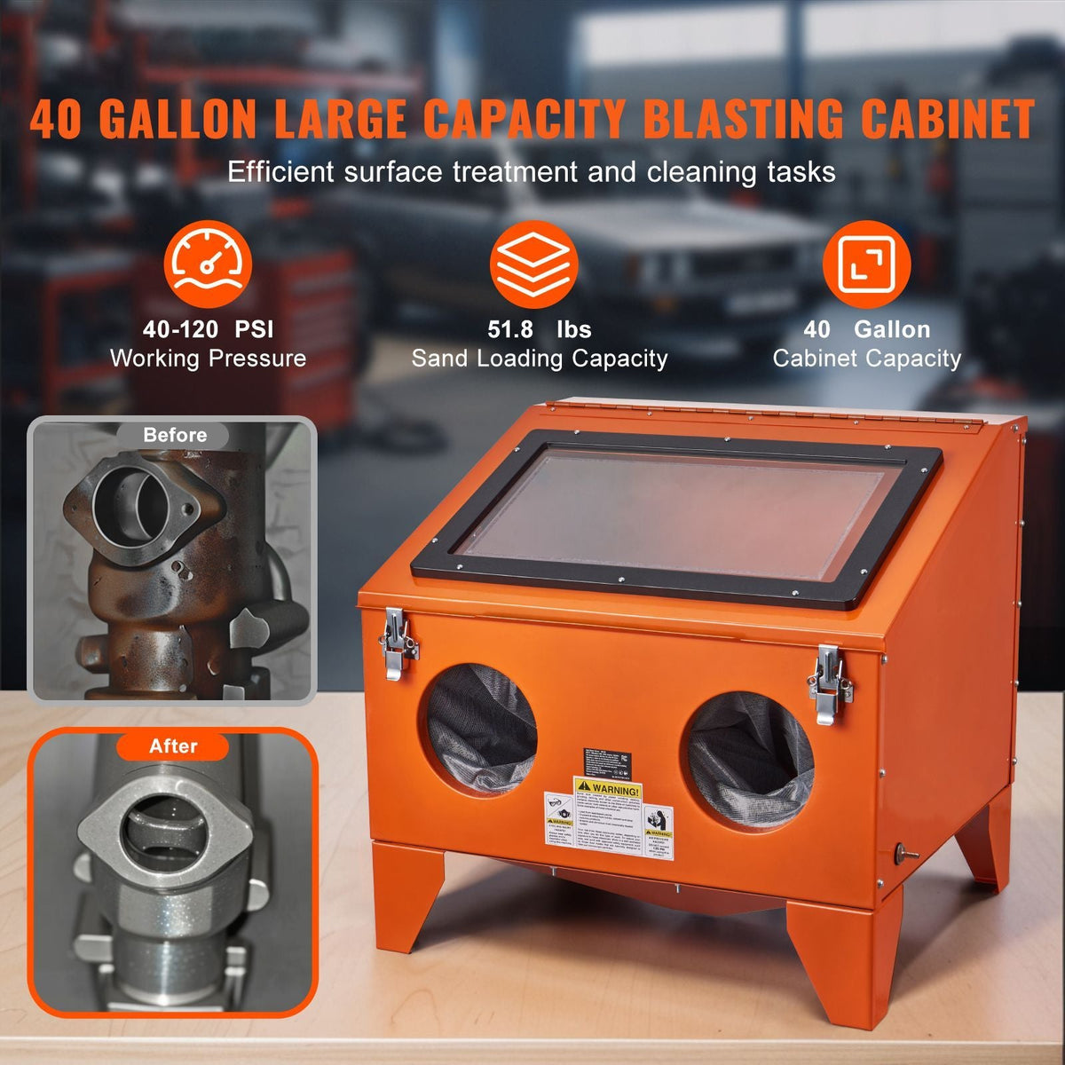 40 Gallon Sandblasting Cabinet, 40-120PSI Portable Benchtop Sand Blasting Cabinet, Heavy Duty Steel Sand Blaster with Blasting Gun & 4 Ceramic Nozzles for Paint, Stain, Rust Removal