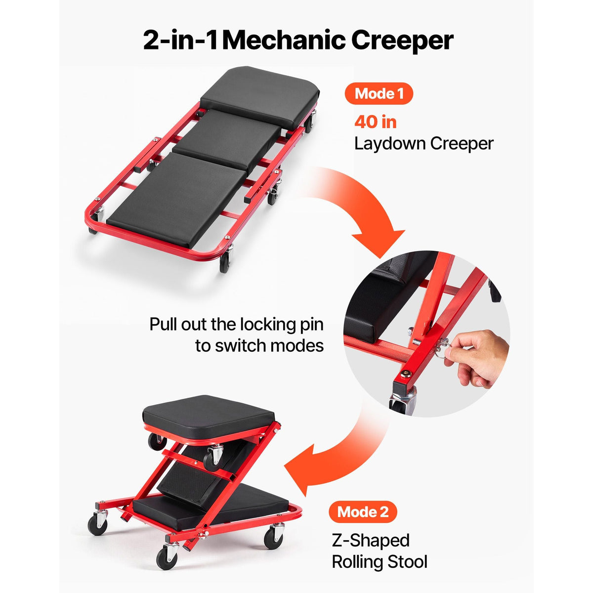 40 in 2-in-1 Folding Mechanic Creeper, Z Creeper Seat & Under Car Garage Roller, 450 lbs Rolling Creeper Stool with 6 Swivel Casters, Padded Headrest for Auto Repair