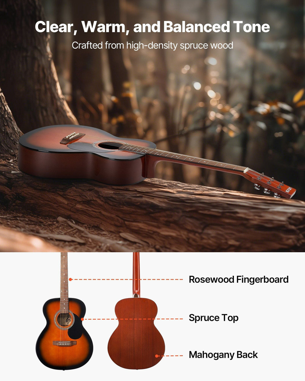 40 in Dreadnought Acoustic Guitar Beginner Bundle with Gig Bag Adult Sunburst