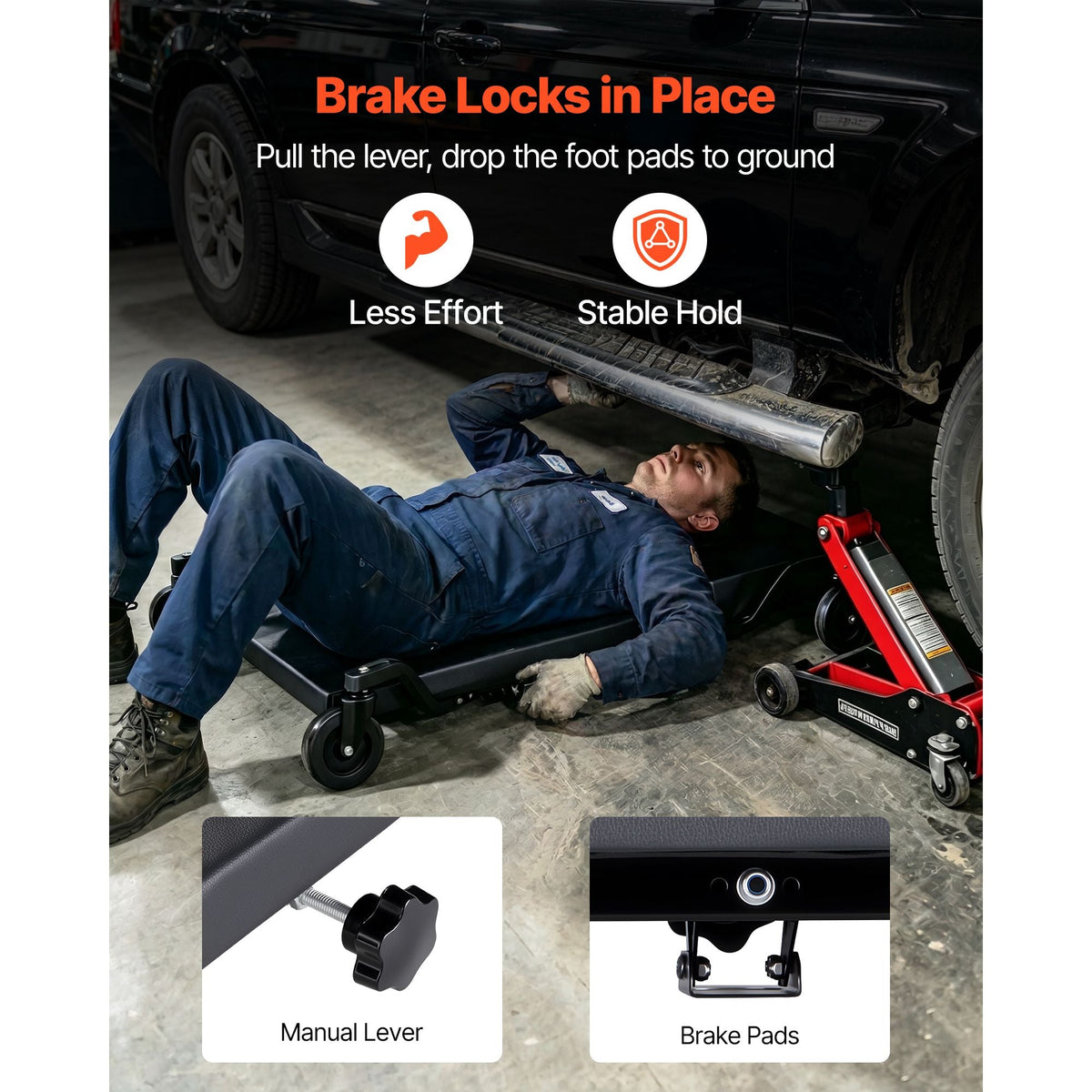 40 in Mechanic Creeper with 4 Large Wheels, 400 lbs Low Profile Under Car Garage Roller, Rolling Creeper with Raised Headrest, Manual Brake for Auto Repair
