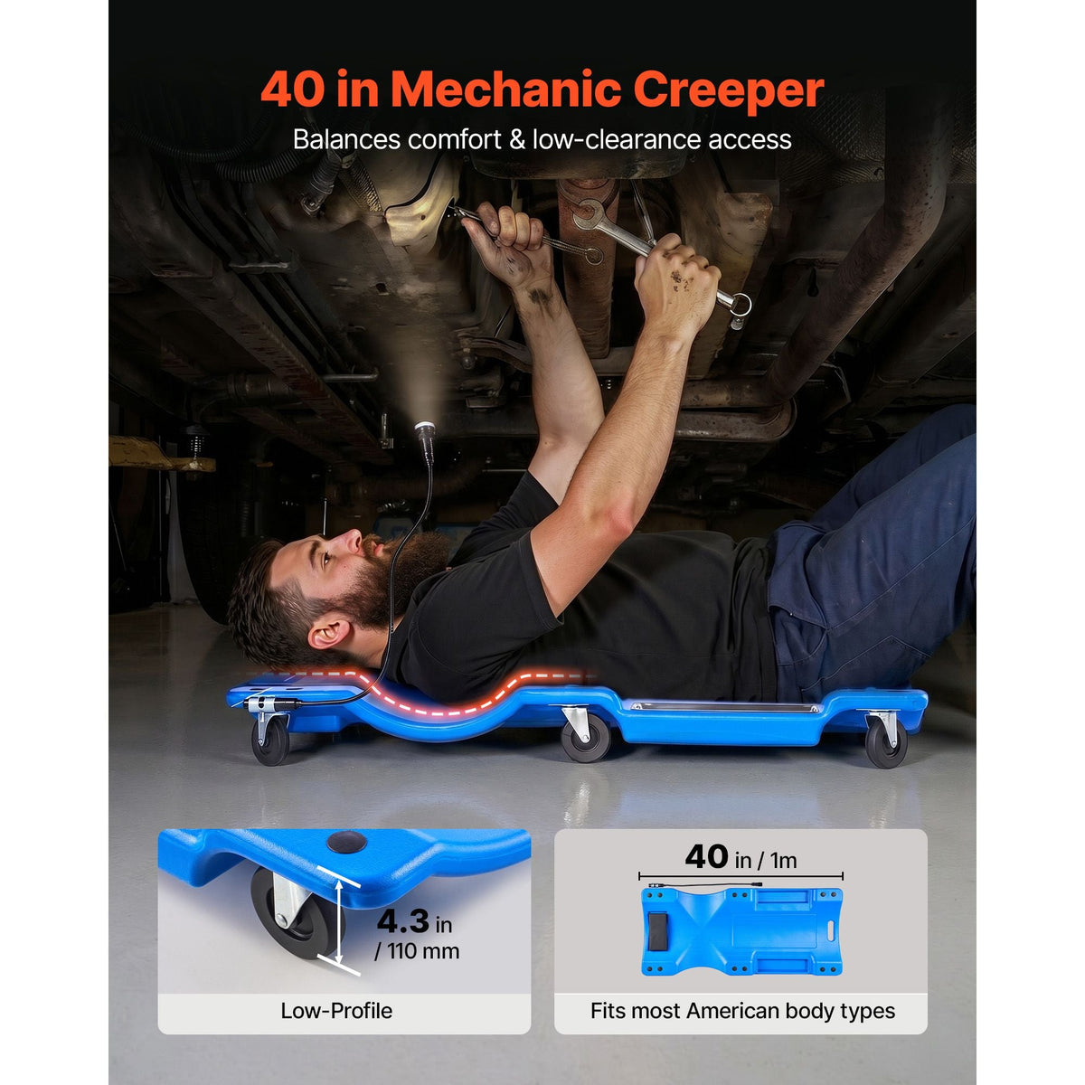 40 in Mechanic Creeper with LED Light, Low Profile Plastic Garage Creeper, 350 lbs Under Car Rolling Creeper with 6 Swivel Casters, Padded Headrest & Tool Trays for Auto Repair