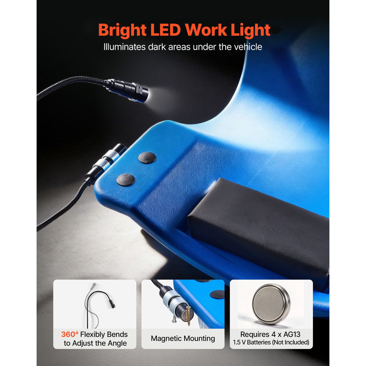 40 in Mechanic Creeper with LED Light, Low Profile Plastic Garage Creeper, 350 lbs Under Car Rolling Creeper with 6 Swivel Casters, Padded Headrest & Tool Trays for Auto Repair