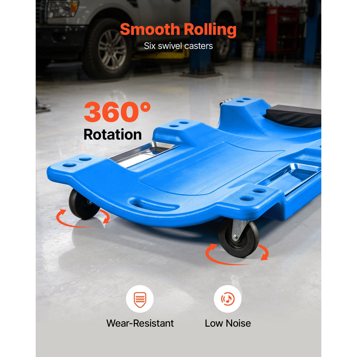40 in Mechanic Creeper with LED Light, Low Profile Plastic Garage Creeper, 350 lbs Under Car Rolling Creeper with 6 Swivel Casters, Padded Headrest & Tool Trays for Auto Repair