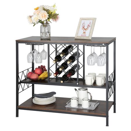 40 Inch Industrial Bar Cabinet, Wine Table for Liquor and Glasses, Sideboard Buffet Cabinet with Glass Holder & Wine Rack, Freestanding Farmhouse Wood Coffee Bar Cabinet for Living Room Home Bar