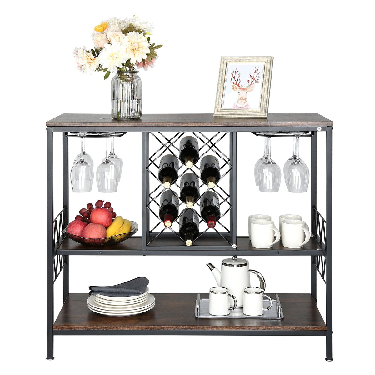 40 Inch Industrial Bar Cabinet, Wine Table for Liquor and Glasses, Sideboard Buffet Cabinet with Glass Holder & Wine Rack, Freestanding Farmhouse Wood Coffee Bar Cabinet for Living Room Home Bar