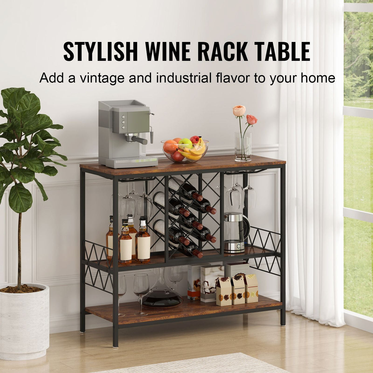 40 Inch Industrial Bar Cabinet, Wine Table for Liquor and Glasses, Sideboard Buffet Cabinet with Glass Holder & Wine Rack, Freestanding Farmhouse Wood Coffee Bar Cabinet for Living Room Home Bar
